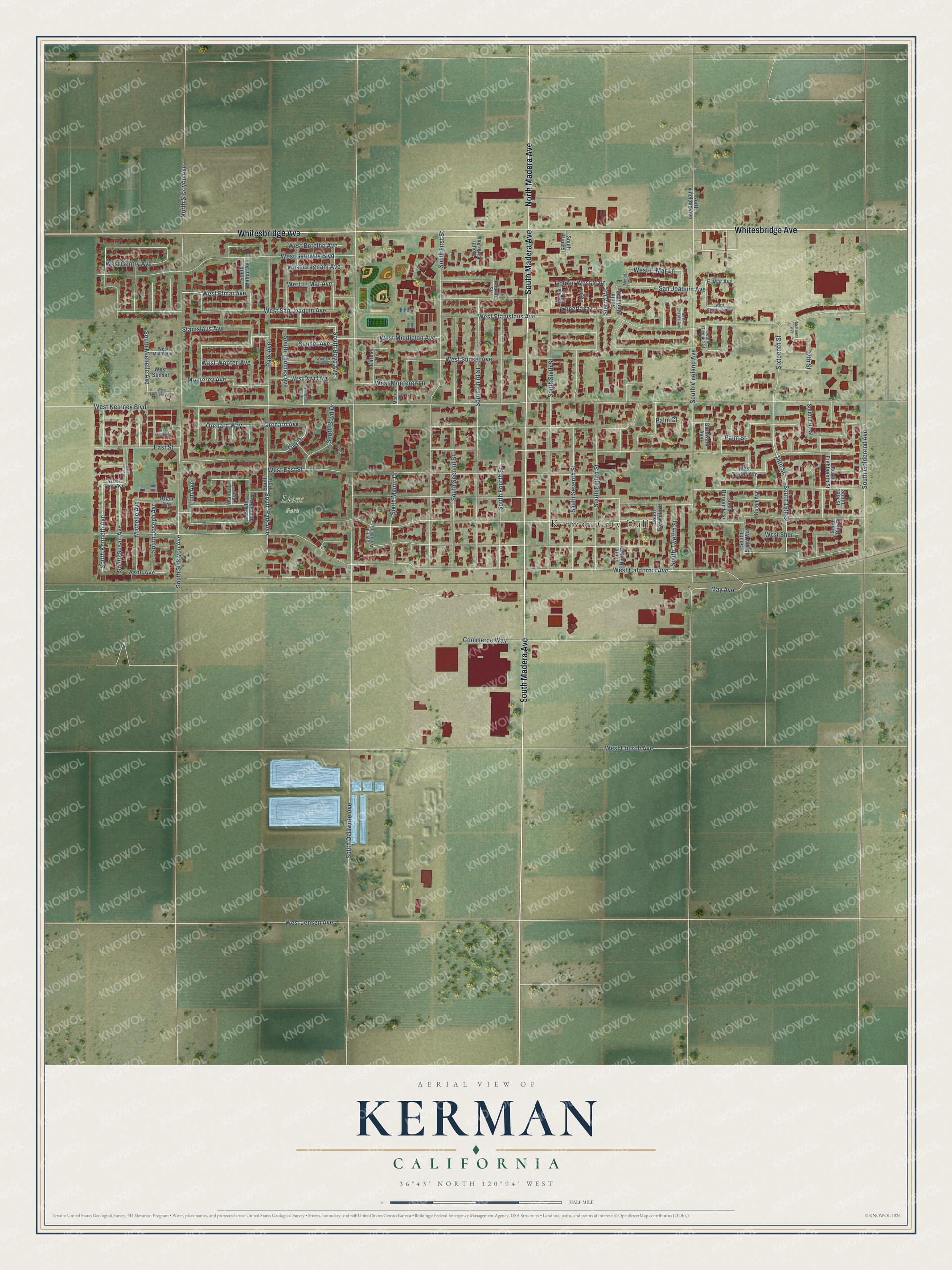 Full map of Kerman, California, with red buildings, printed street names and the land around them