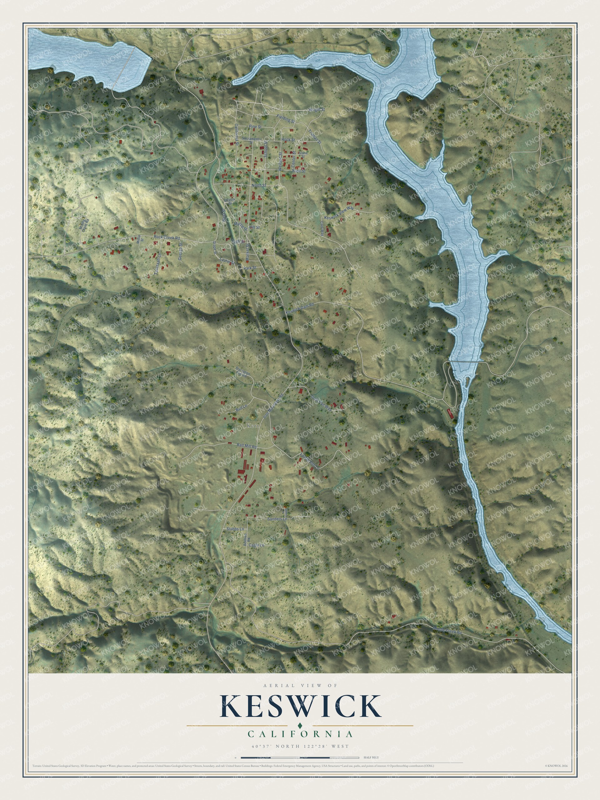 Full map of Keswick, California, with red buildings, printed street names and the land around them