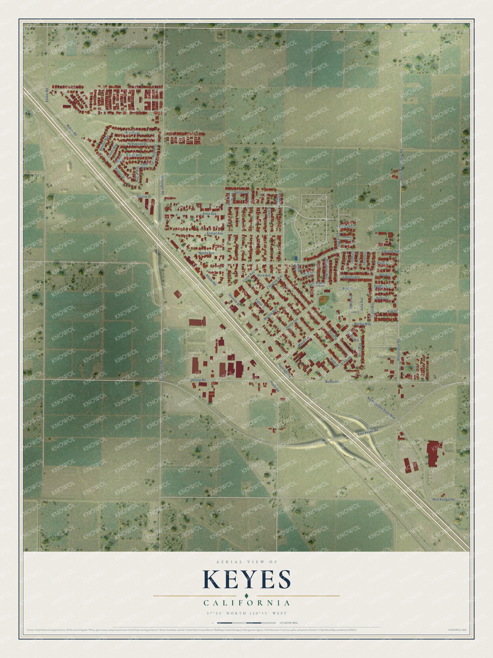 Full map of Keyes, California, with red buildings, printed street names and the land around them