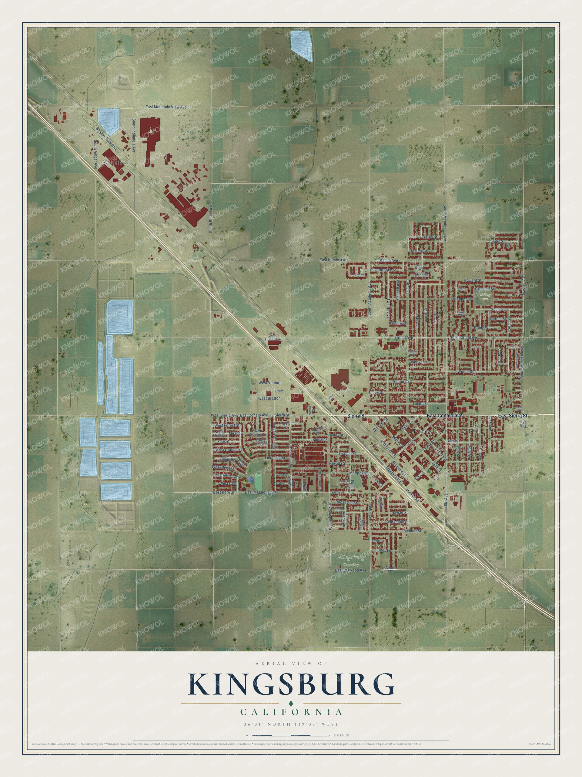 Full map of Kingsburg, California, with red buildings, printed street names and the land around them