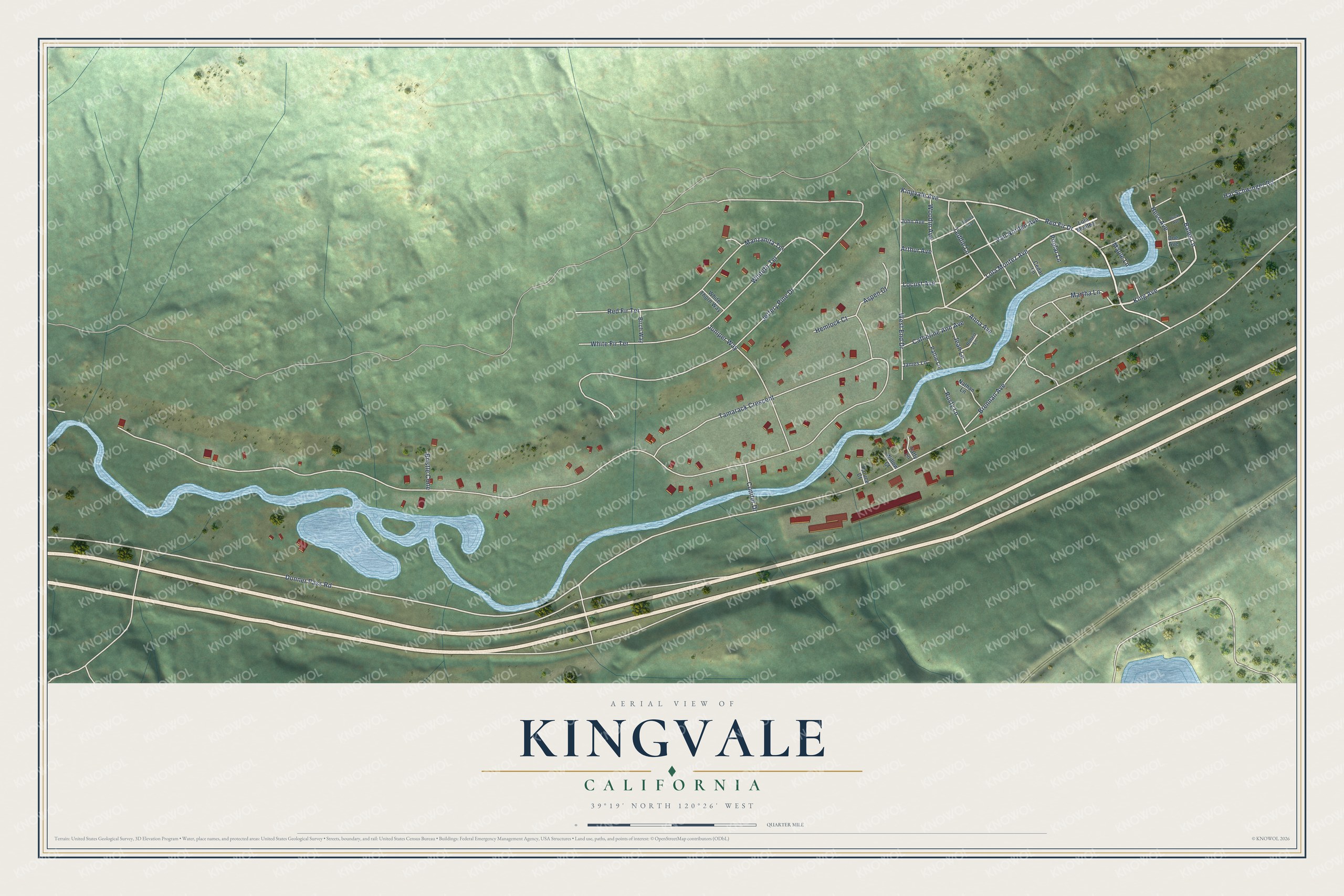 Full map of Kingvale, California, with red buildings, printed street names and the land around them