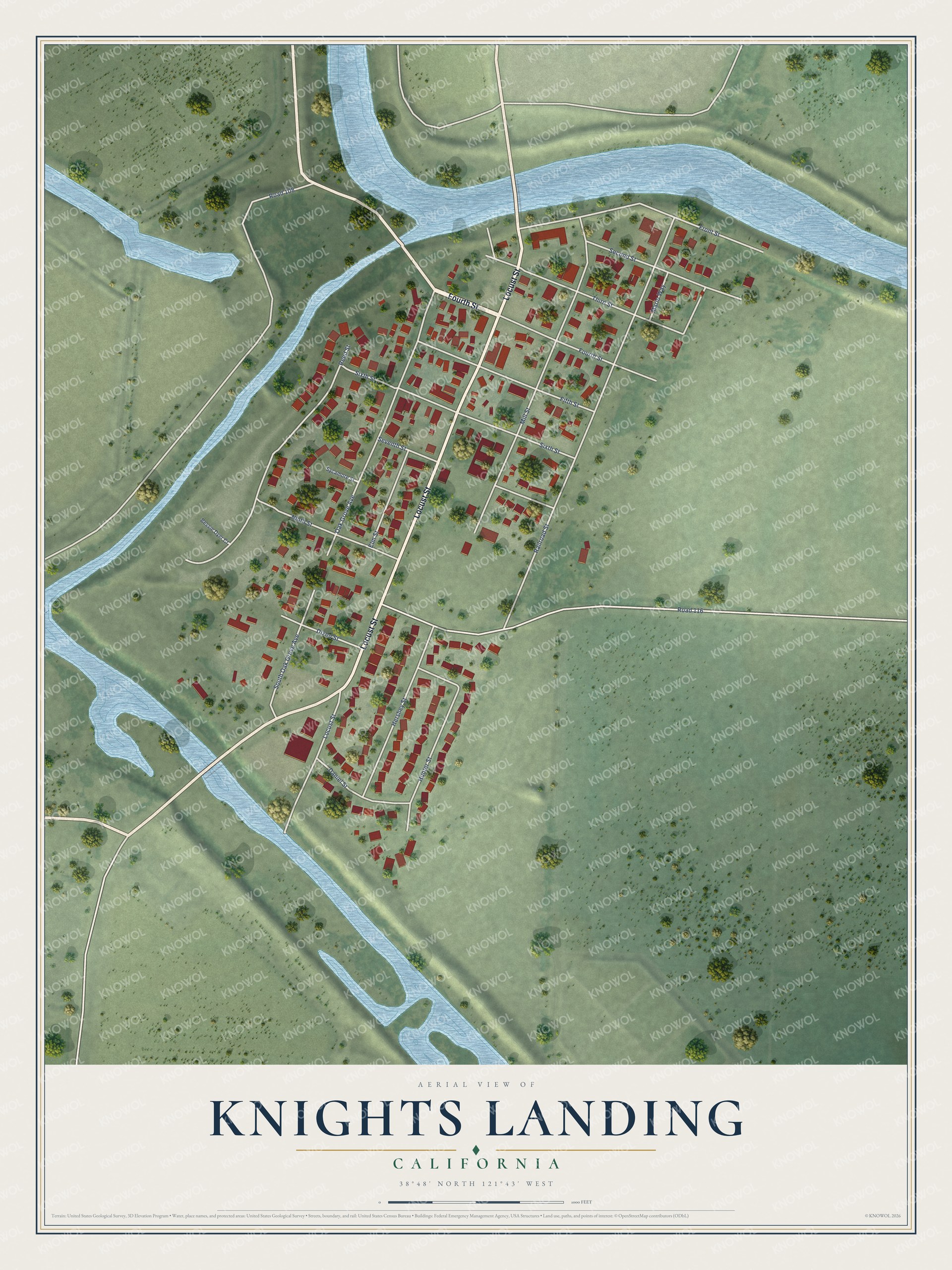 Full map of Knights Landing, California, with red buildings, printed street names and the land around them
