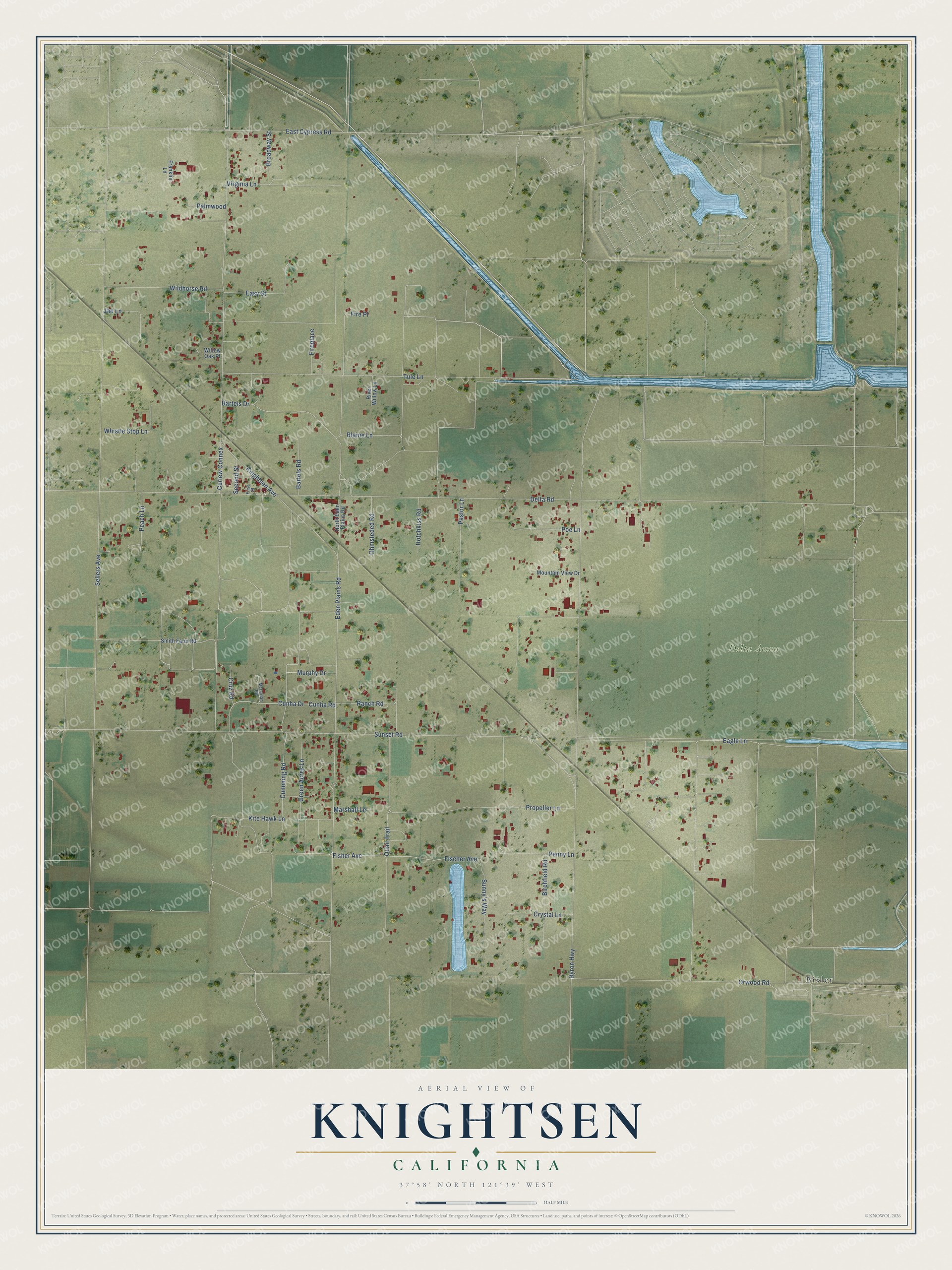 Full map of Knightsen, California, with red buildings, printed street names and the land around them