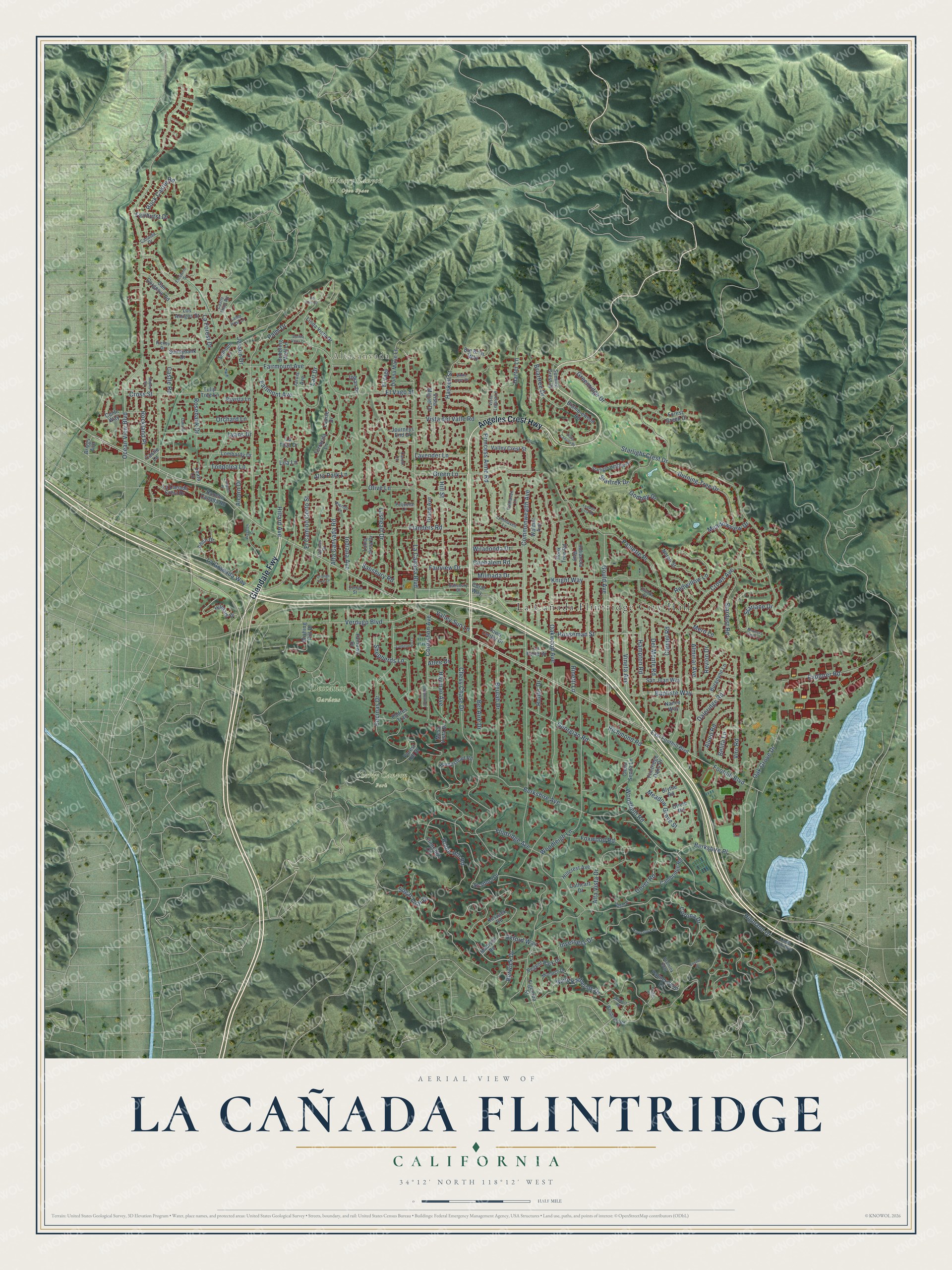 Full map of La Cañada Flintridge, California, with red buildings, printed street names and the land around them