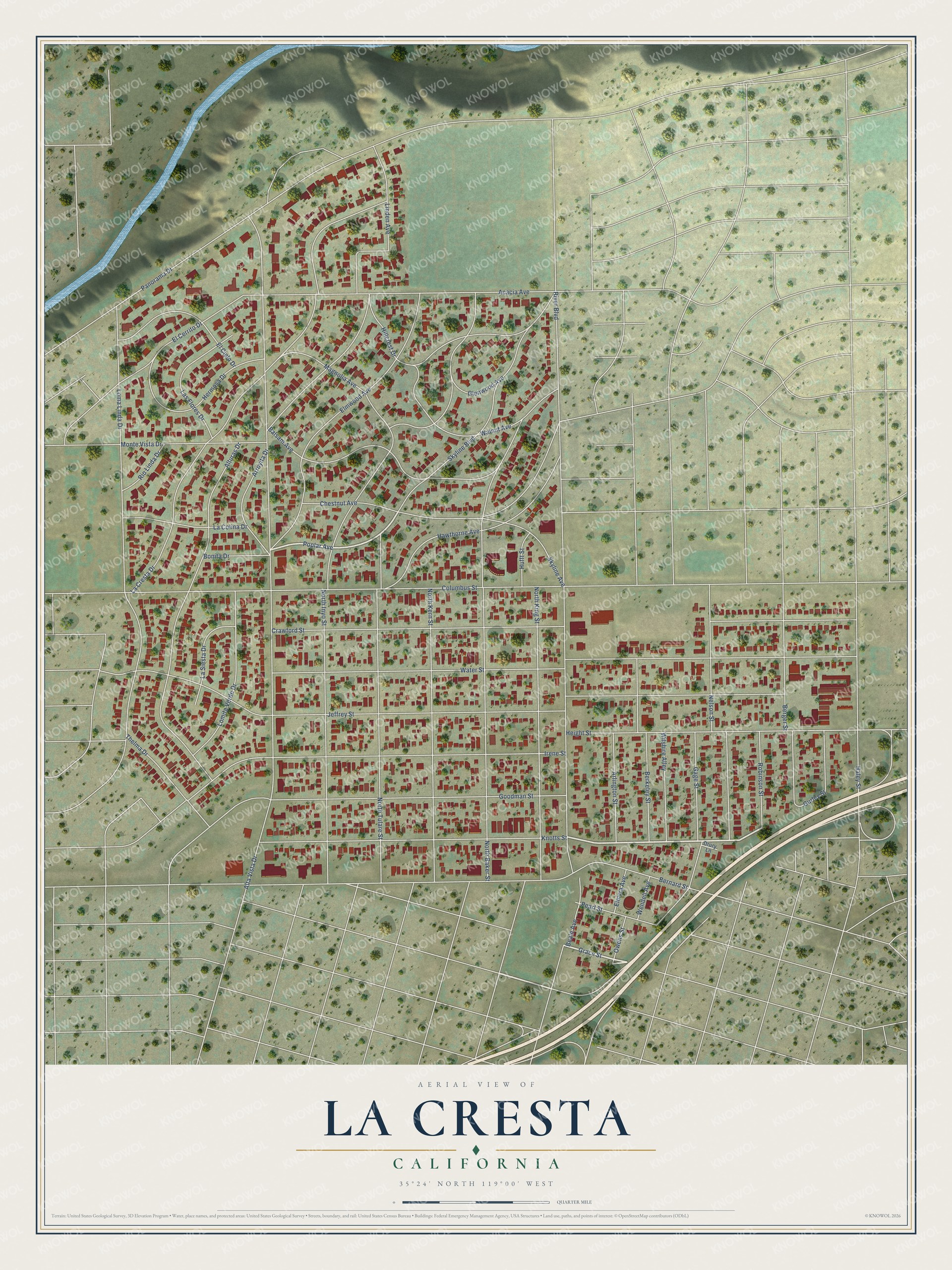 Full map of La Cresta, California, with red buildings, printed street names and the land around them