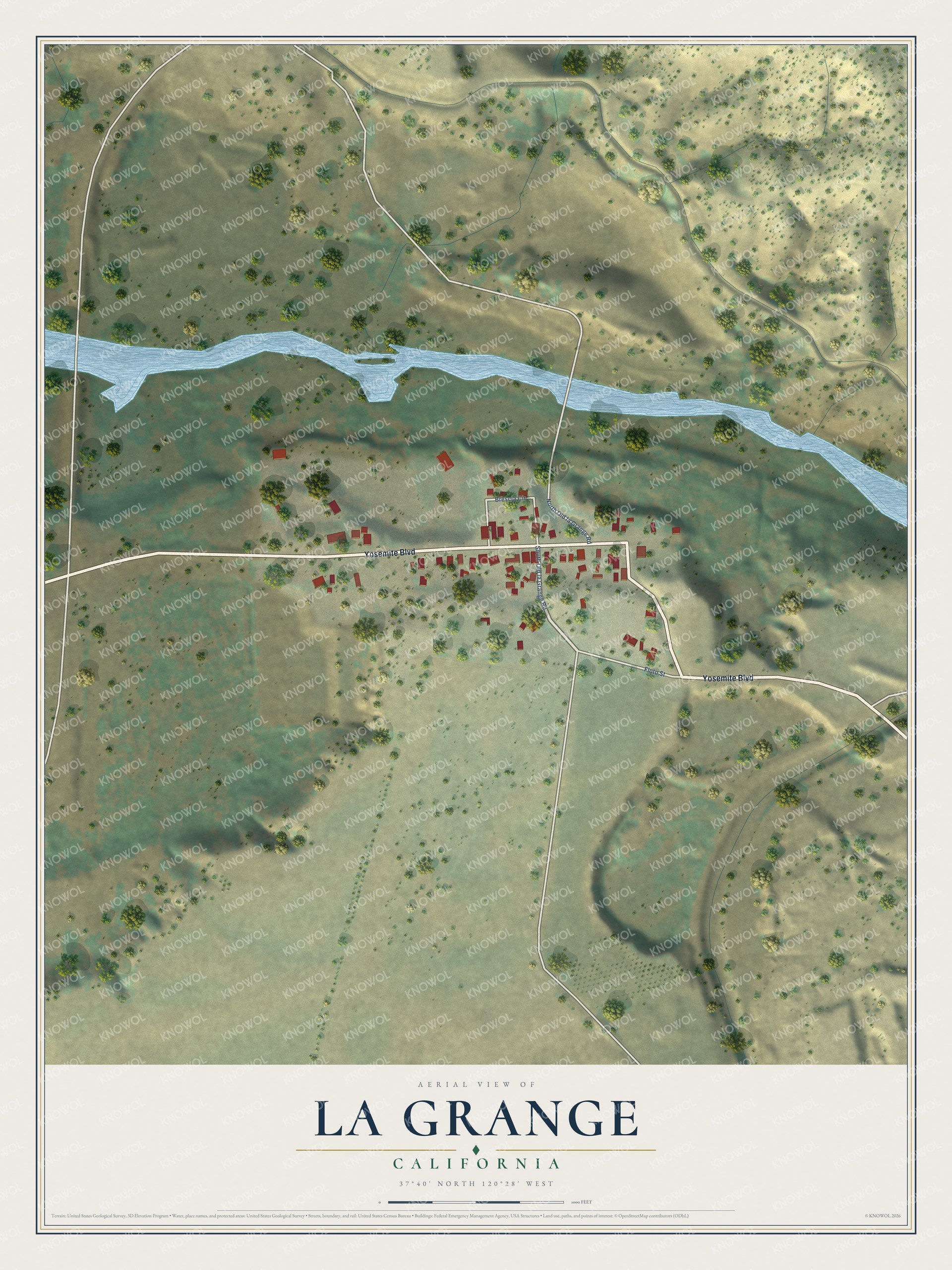Full map of La Grange, California, with red buildings, printed street names and the land around them