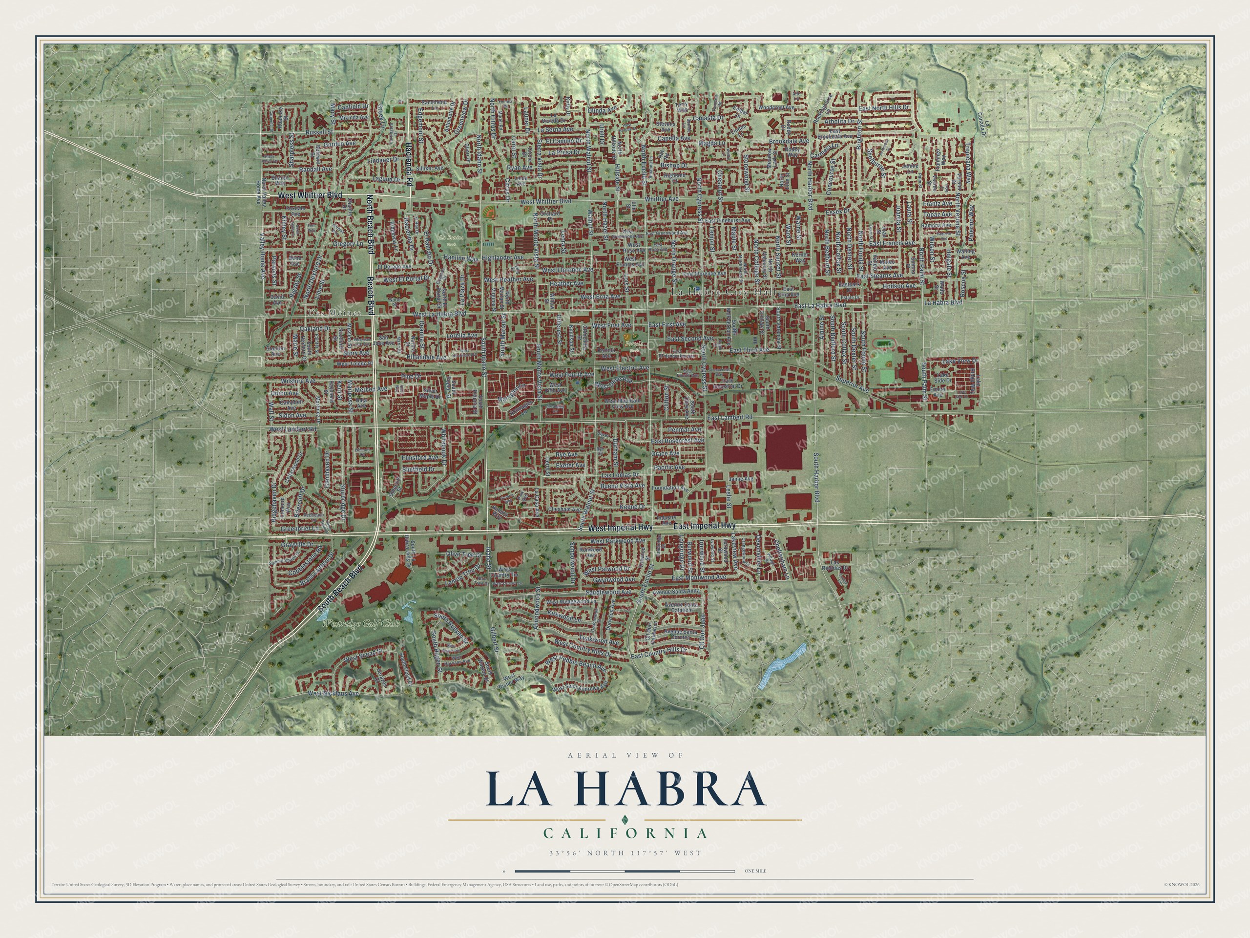Full map of La Habra, California, with red buildings, printed street names and the land around them