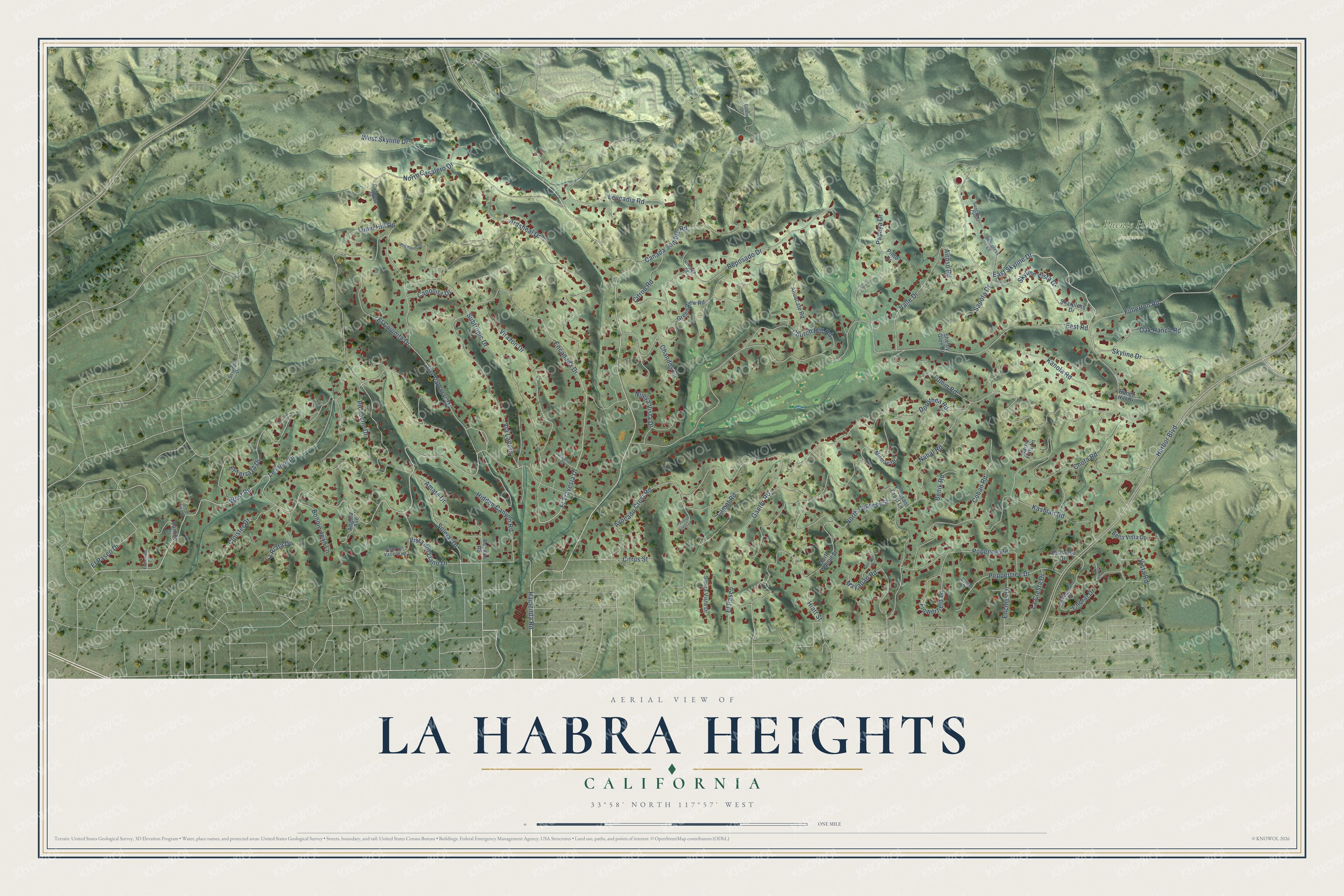 Full map of La Habra Heights, California, with red buildings, printed street names and the land around them