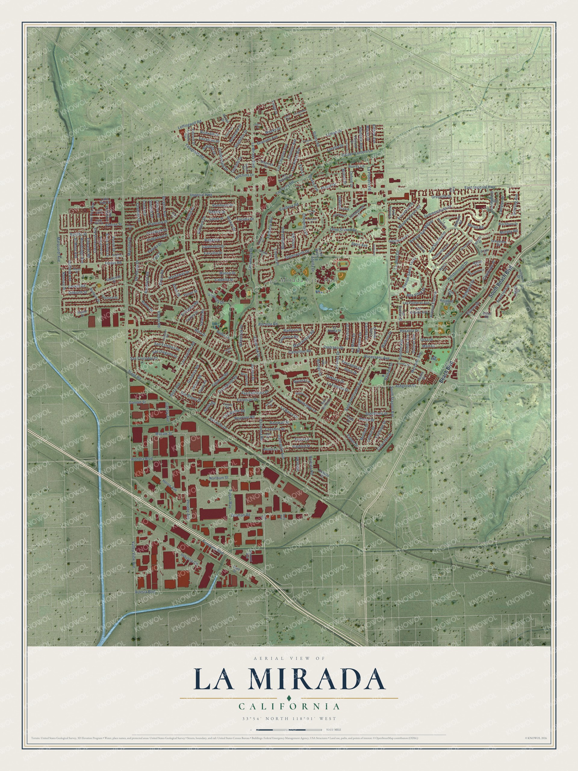 Full map of La Mirada, California, with red buildings, printed street names and the land around them