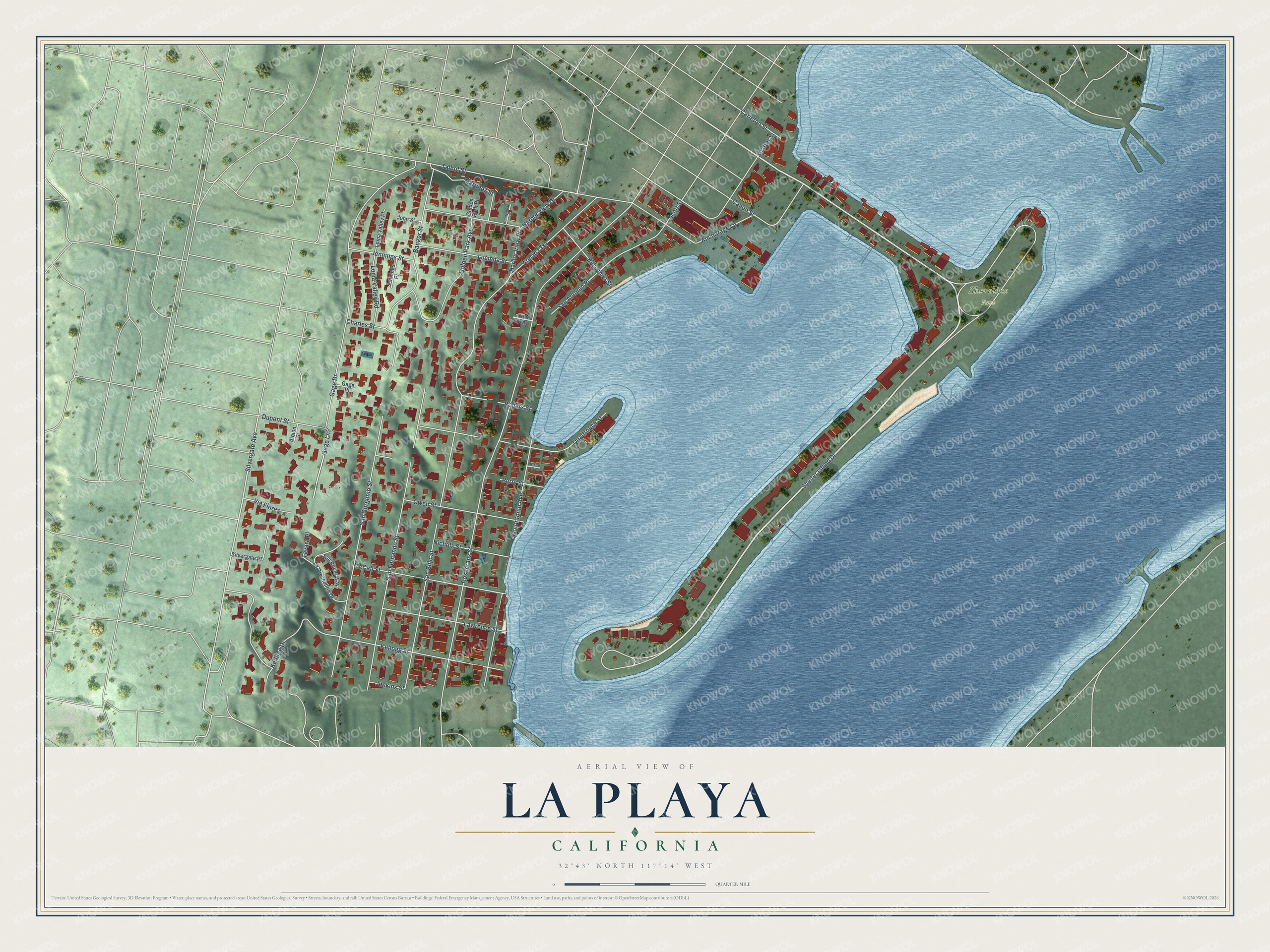 Full map of La Playa, California, with red buildings, printed street names and the land around them