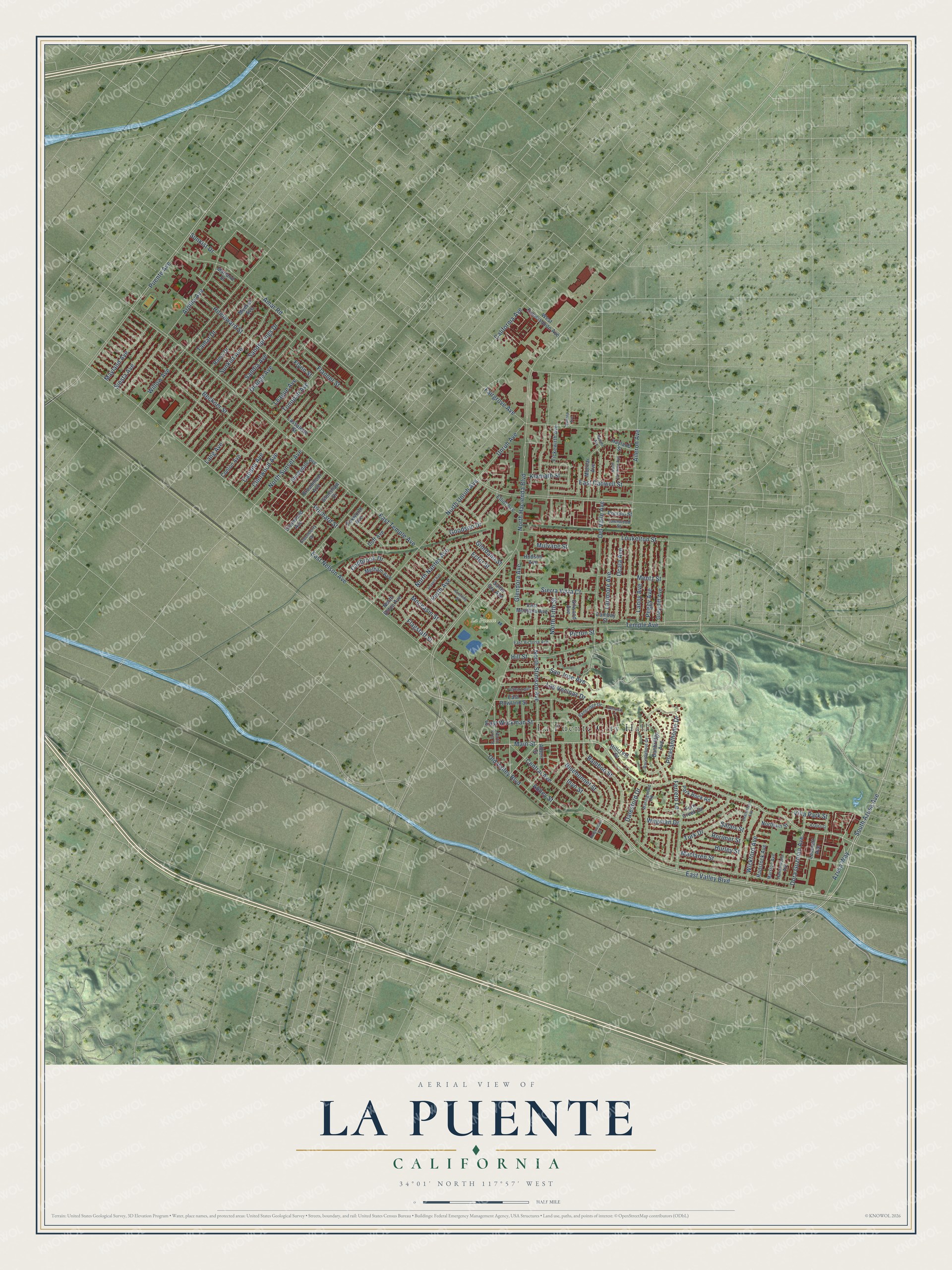 Full map of La Puente, California, with red buildings, printed street names and the land around them