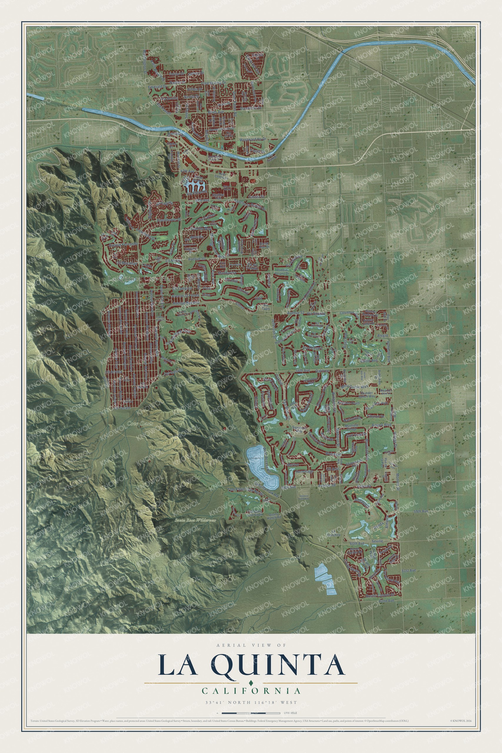 Full map of La Quinta, California, with red buildings, printed street names and the land around them