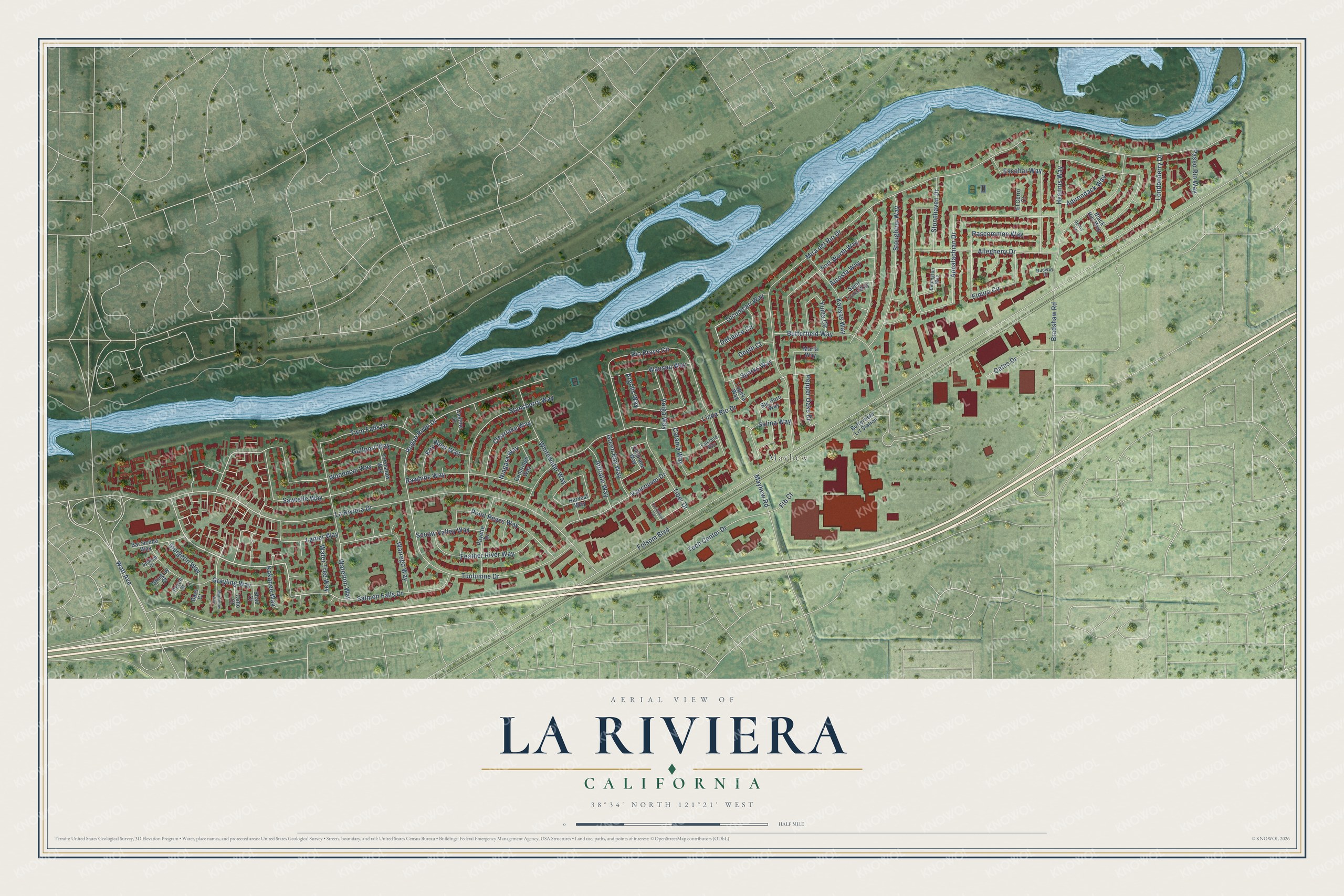 Full map of La Riviera, California, with red buildings, printed street names and the land around them