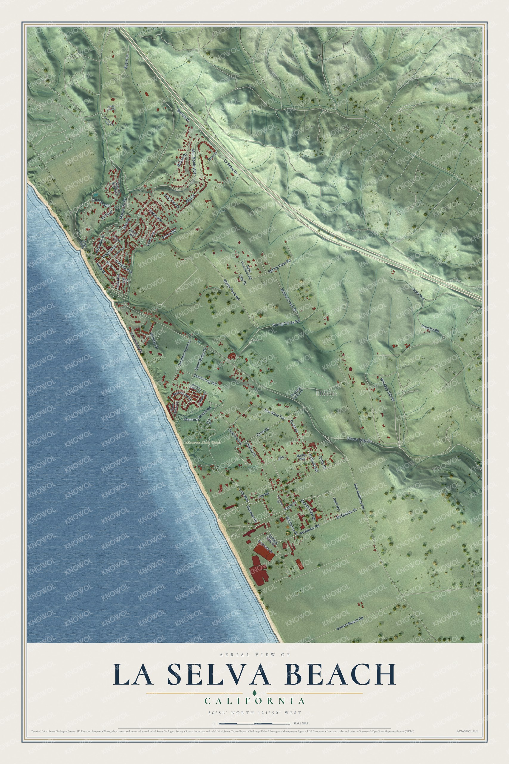 Full map of La Selva Beach, California, with red buildings, printed street names and the land around them