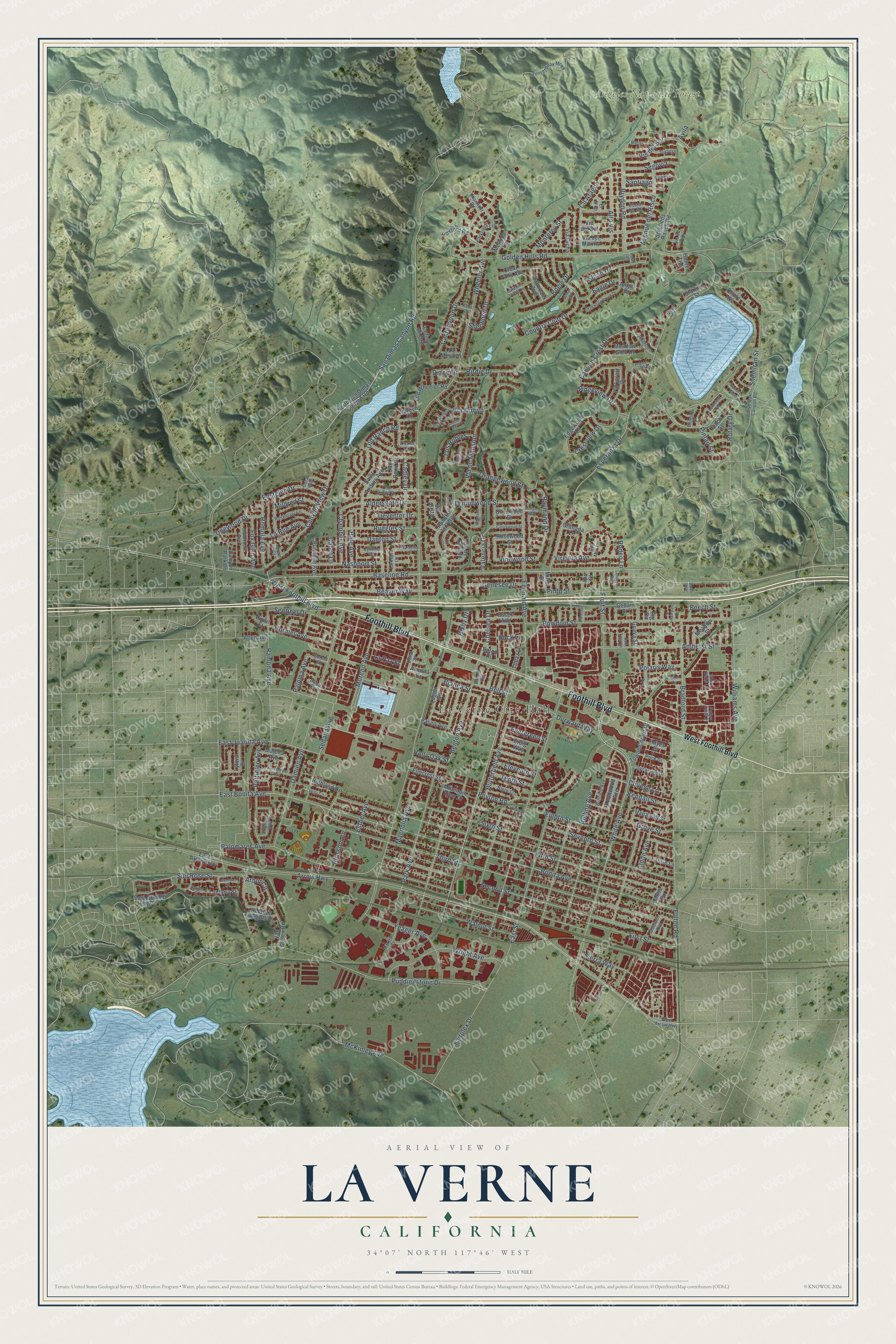 Full map of La Verne, California, with red buildings, printed street names and the land around them