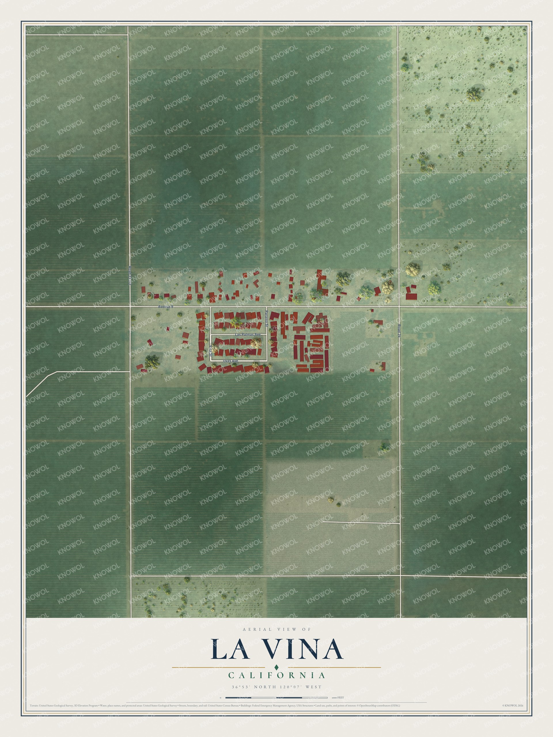Full map of La Vina, California, with red buildings, printed street names and the land around them