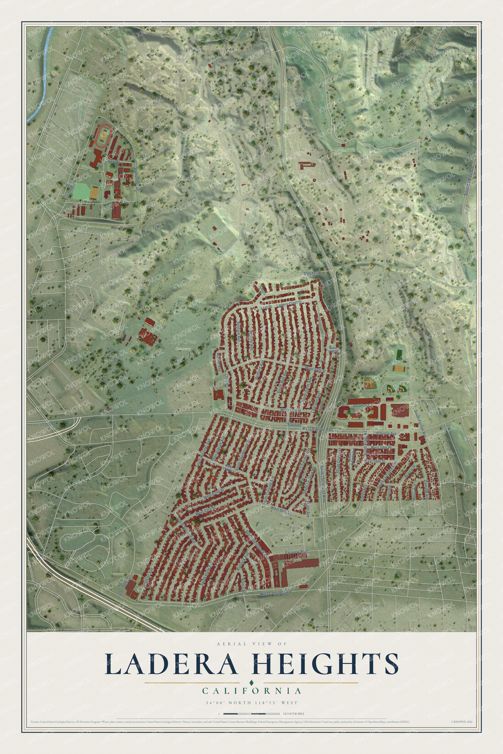 Full map of Ladera Heights, California, with red buildings, printed street names and the land around them