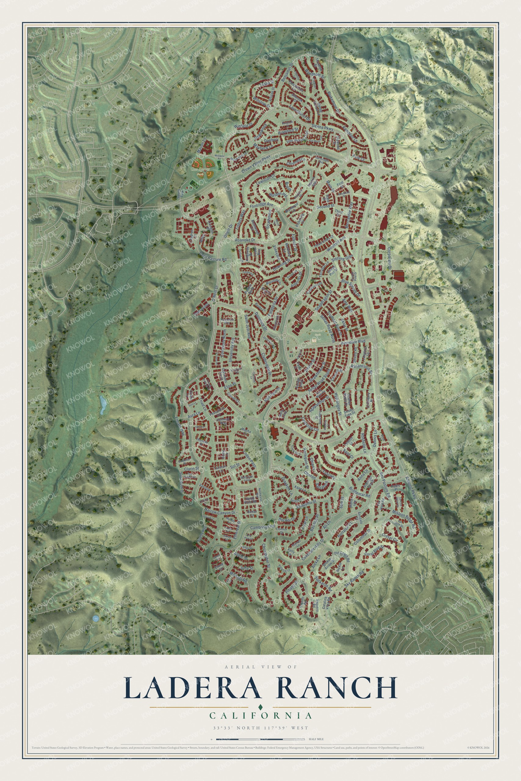 Full map of Ladera Ranch, California, with red buildings, printed street names and the land around them