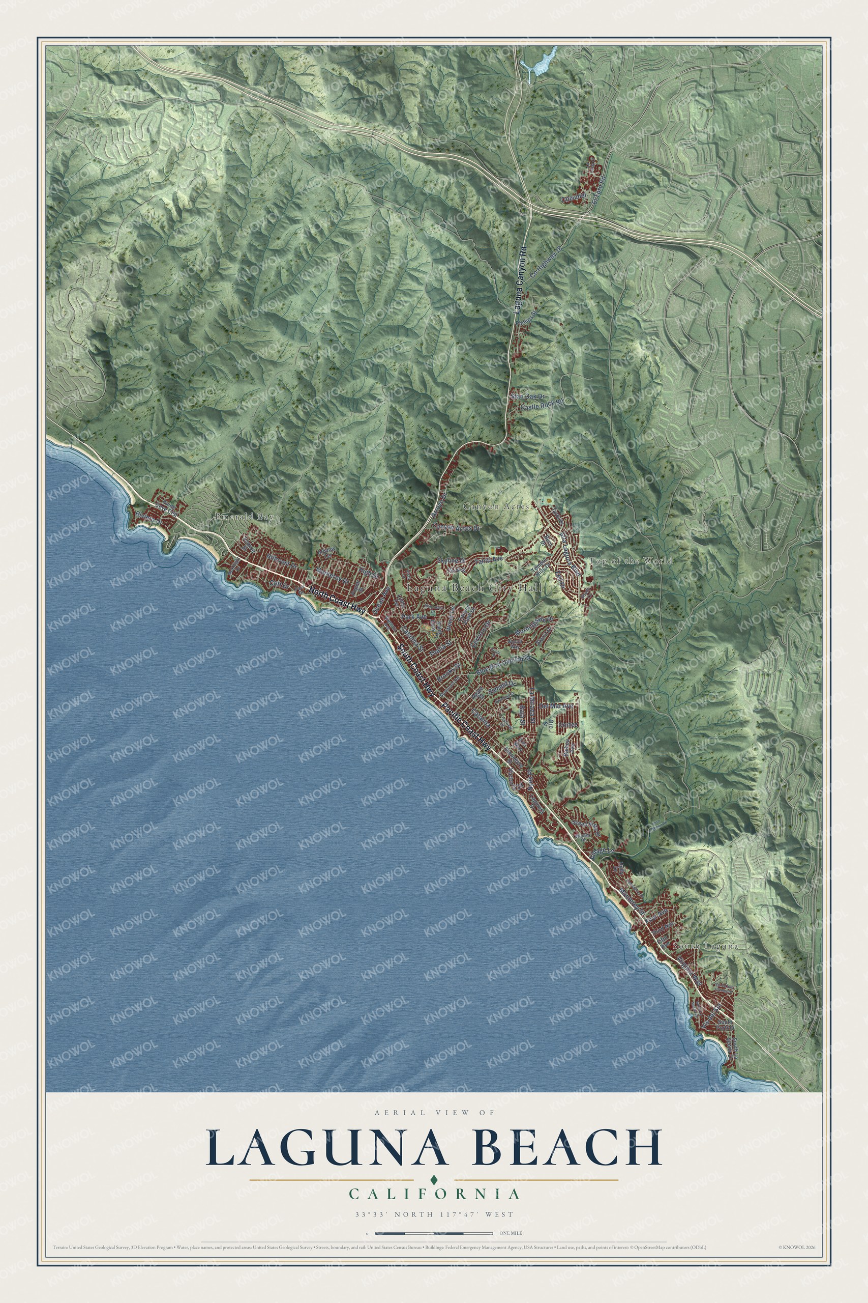 Full map of Laguna Beach, California, with red buildings, printed street names and the land around them