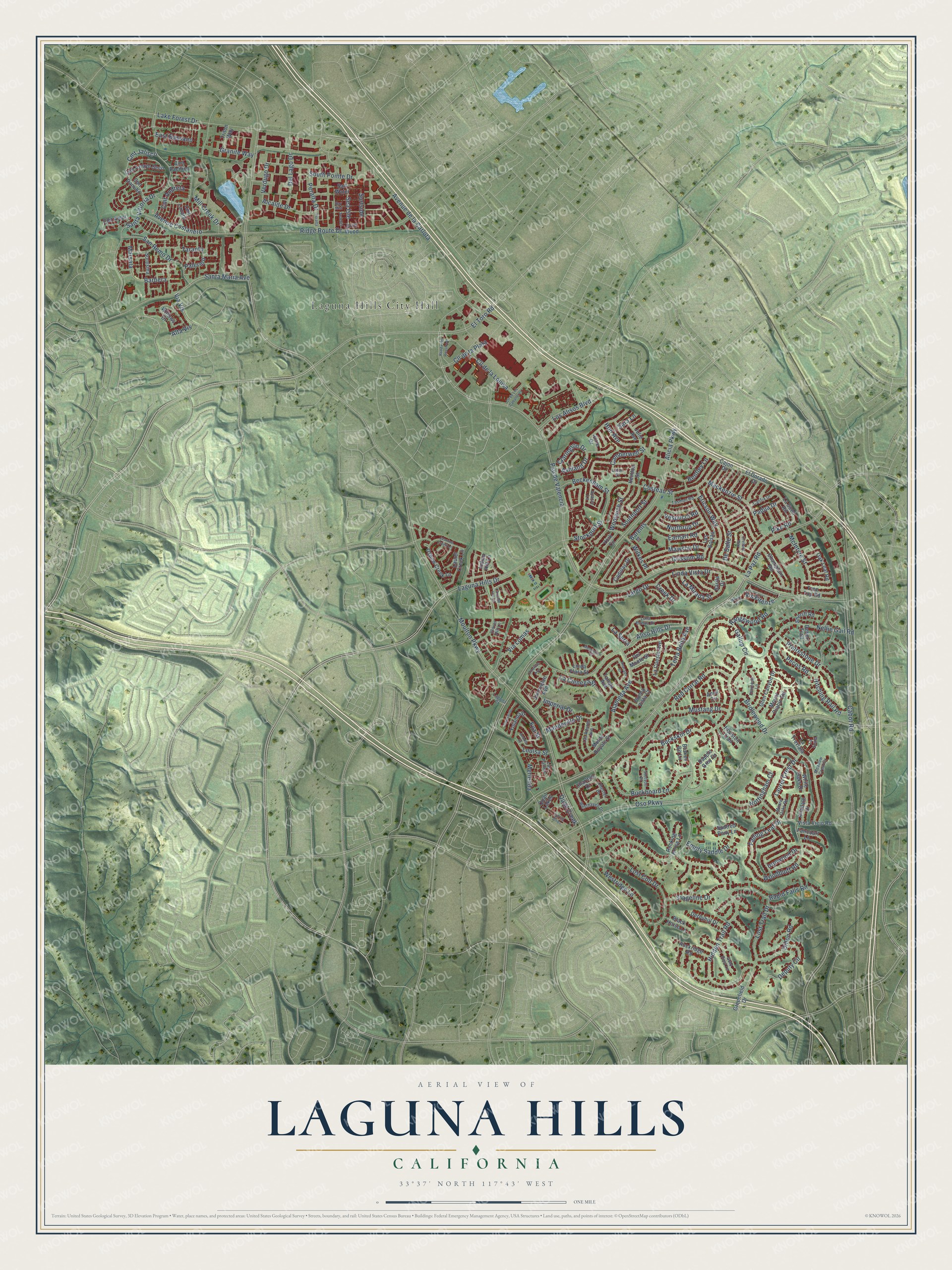 Full map of Laguna Hills, California, with red buildings, printed street names and the land around them