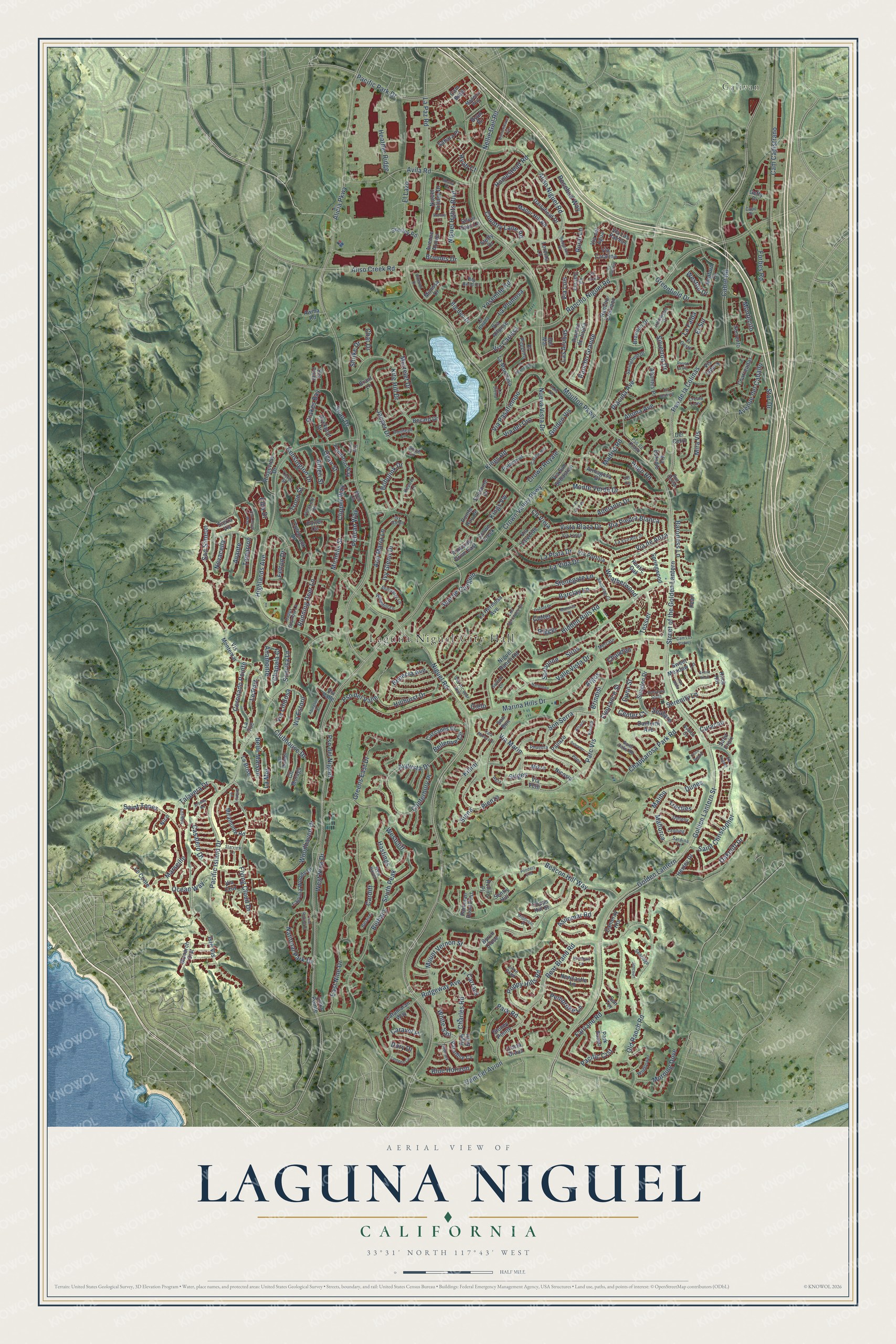 Full map of Laguna Niguel, California, with red buildings, printed street names and the land around them