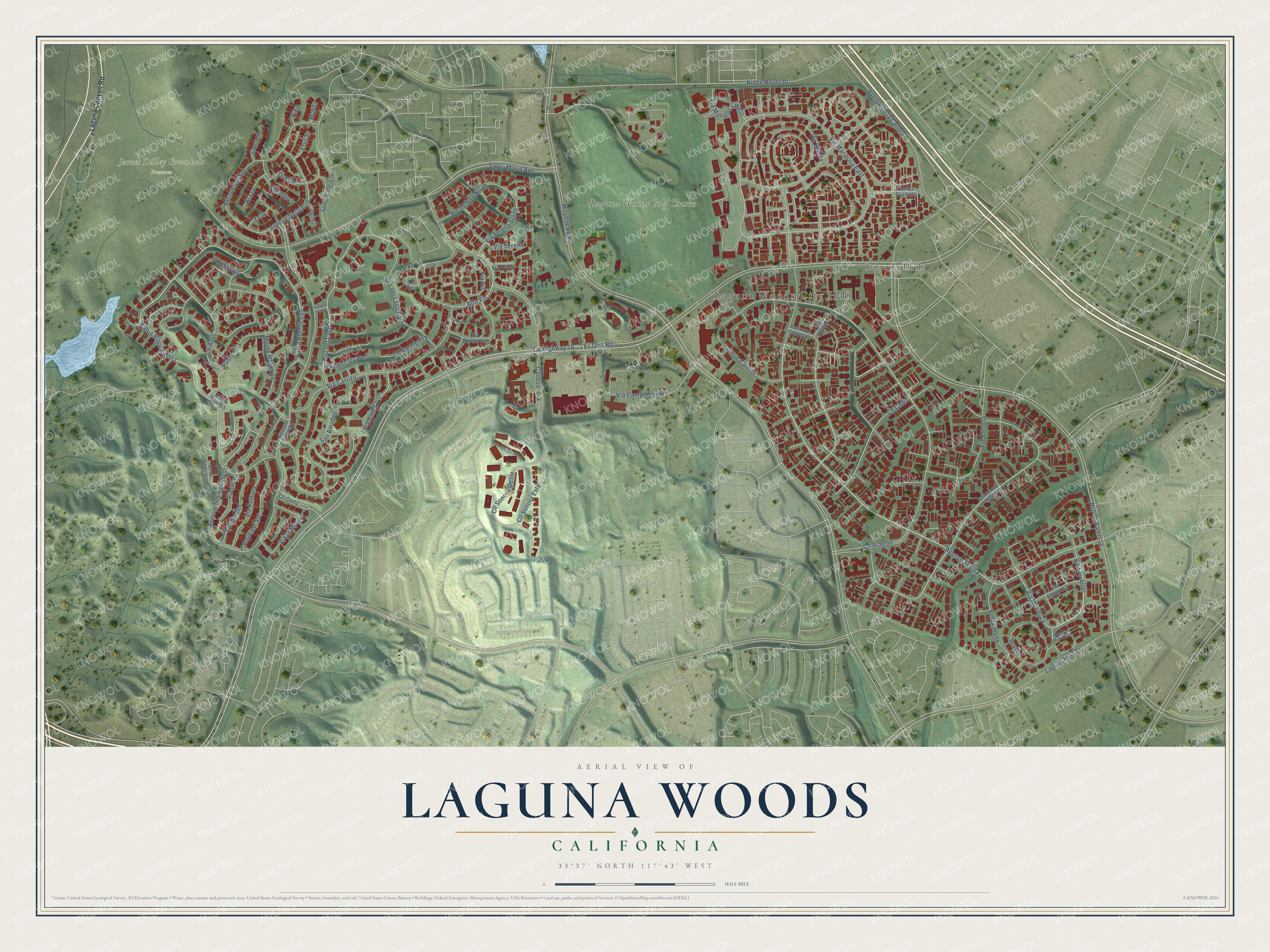 Full map of Laguna Woods, California, with red buildings, printed street names and the land around them