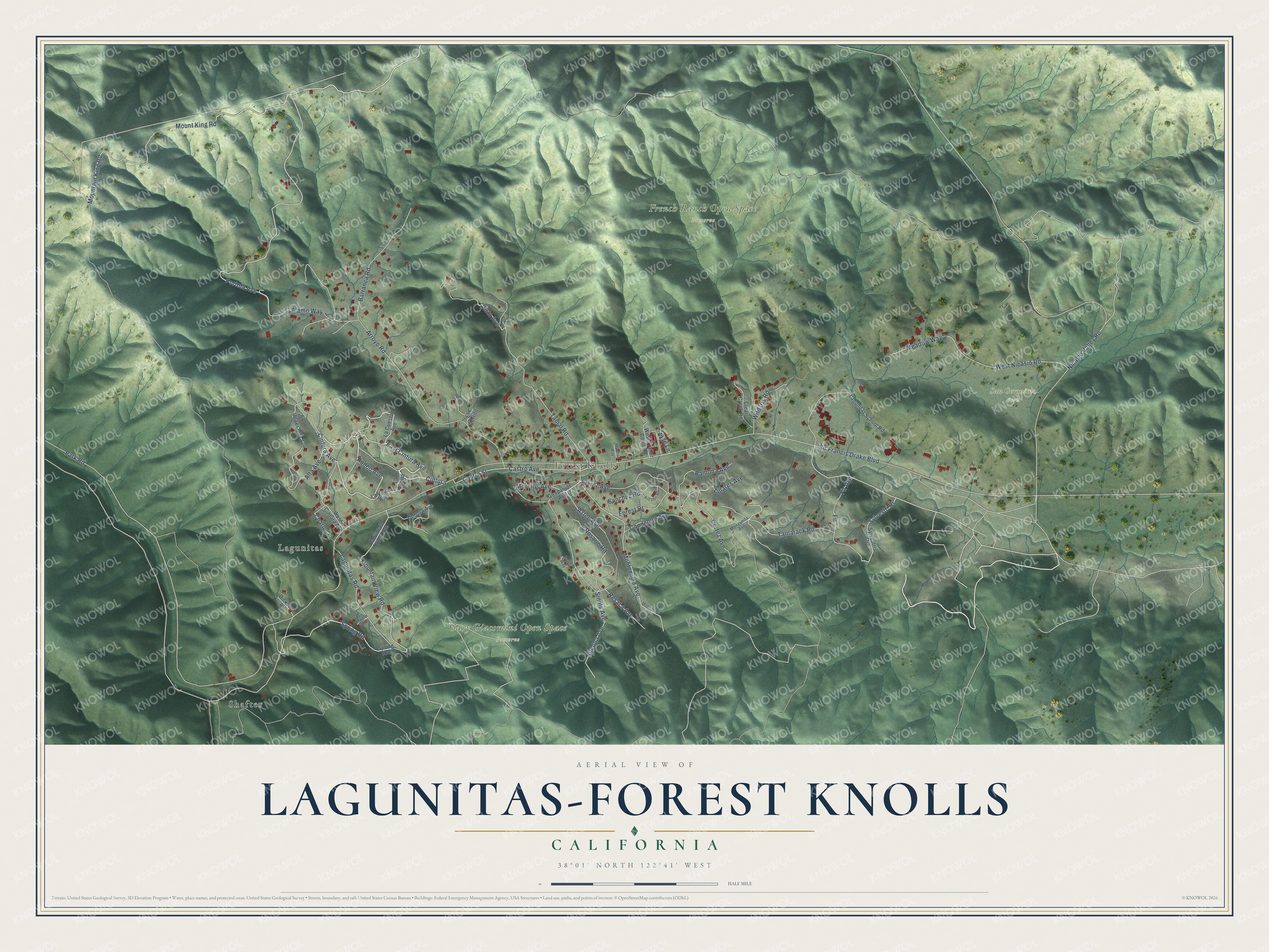 Full map of Lagunitas-Forest Knolls, California, with red buildings, printed street names and the land around them
