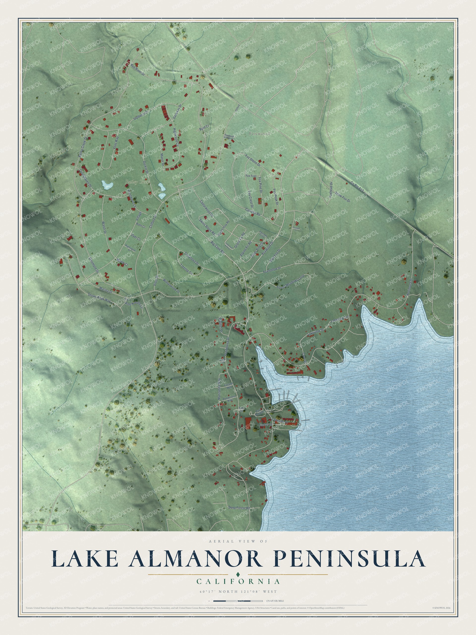 Full map of Lake Almanor Peninsula, California, with red buildings, printed street names and the land around them