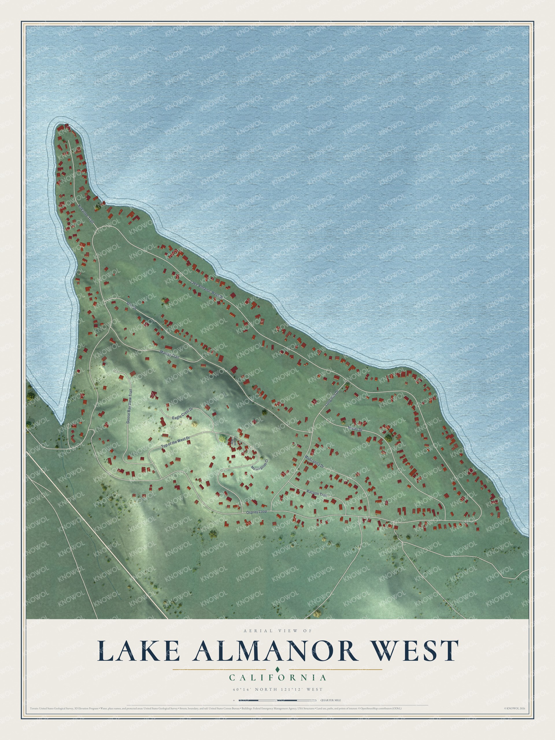Full map of Lake Almanor West, California, with red buildings, printed street names and the land around them
