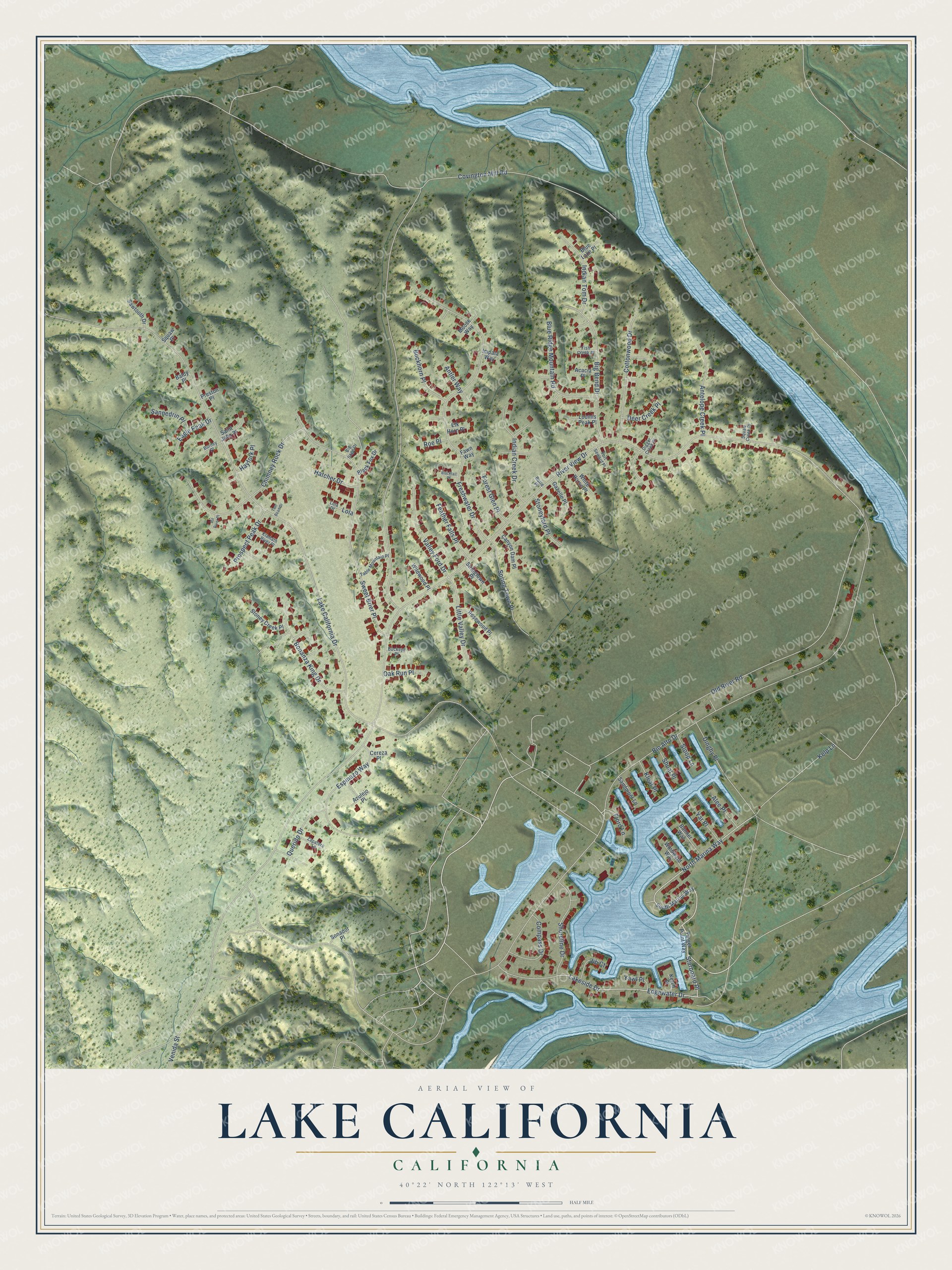 Full map of Lake California, California, with red buildings, printed street names and the land around them