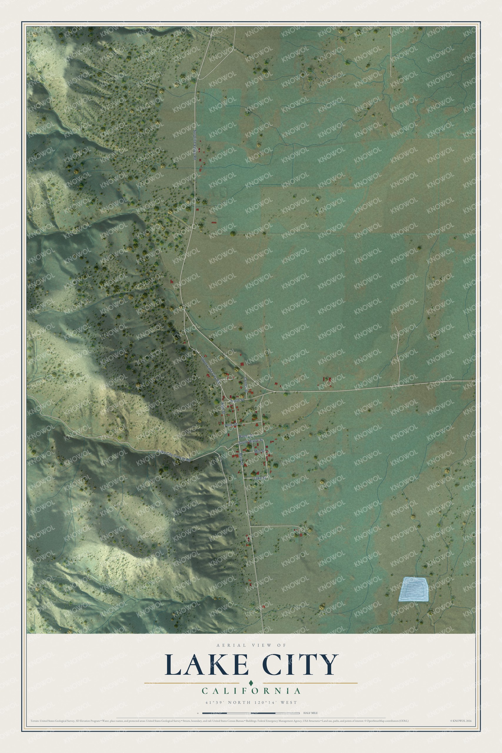Full map of Lake City, California, with red buildings, printed street names and the land around them