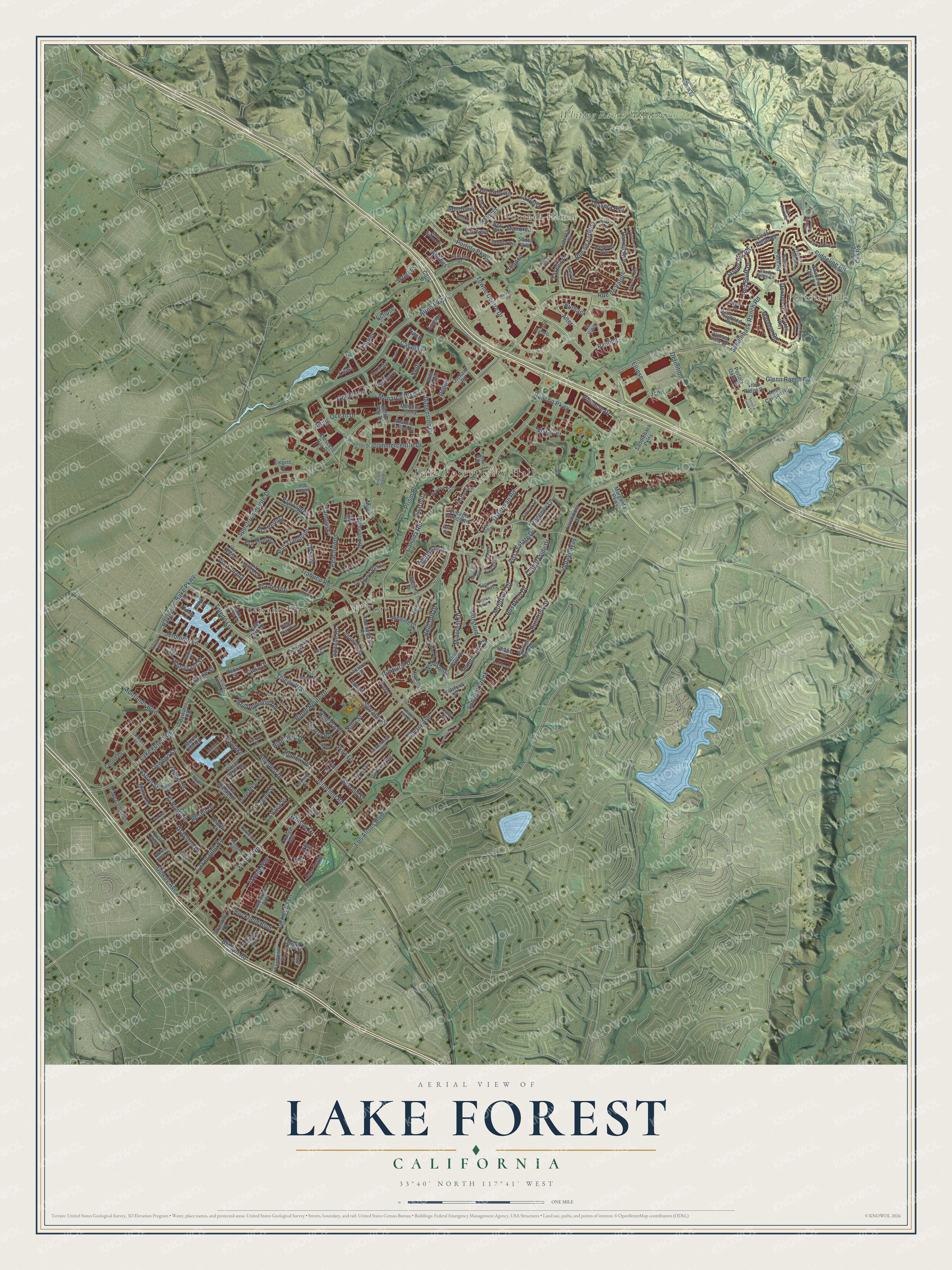 Full map of Lake Forest, California, with red buildings, printed street names and the land around them