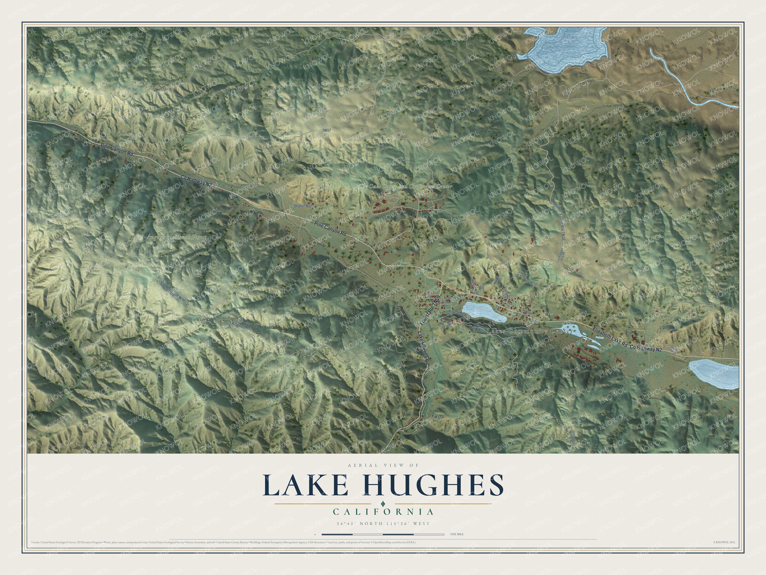 Full map of Lake Hughes, California, with red buildings, printed street names and the land around them