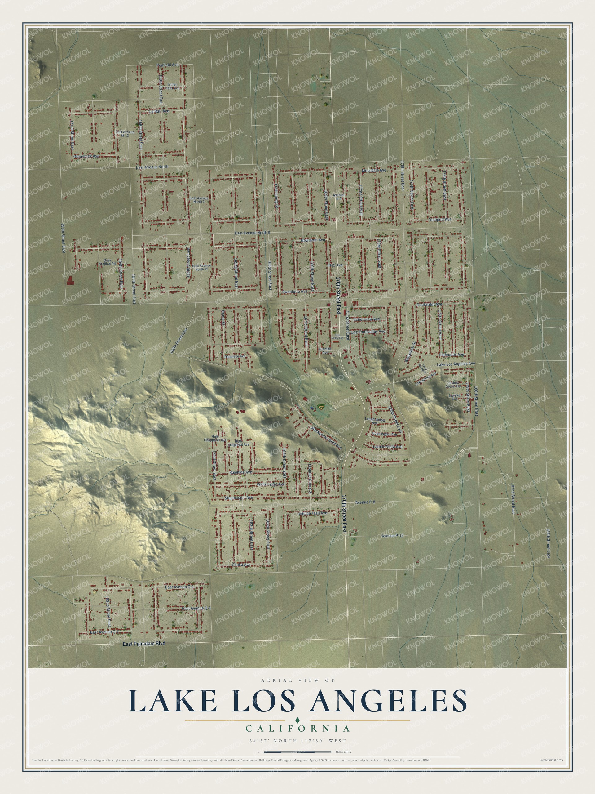 Full map of Lake Los Angeles, California, with red buildings, printed street names and the land around them