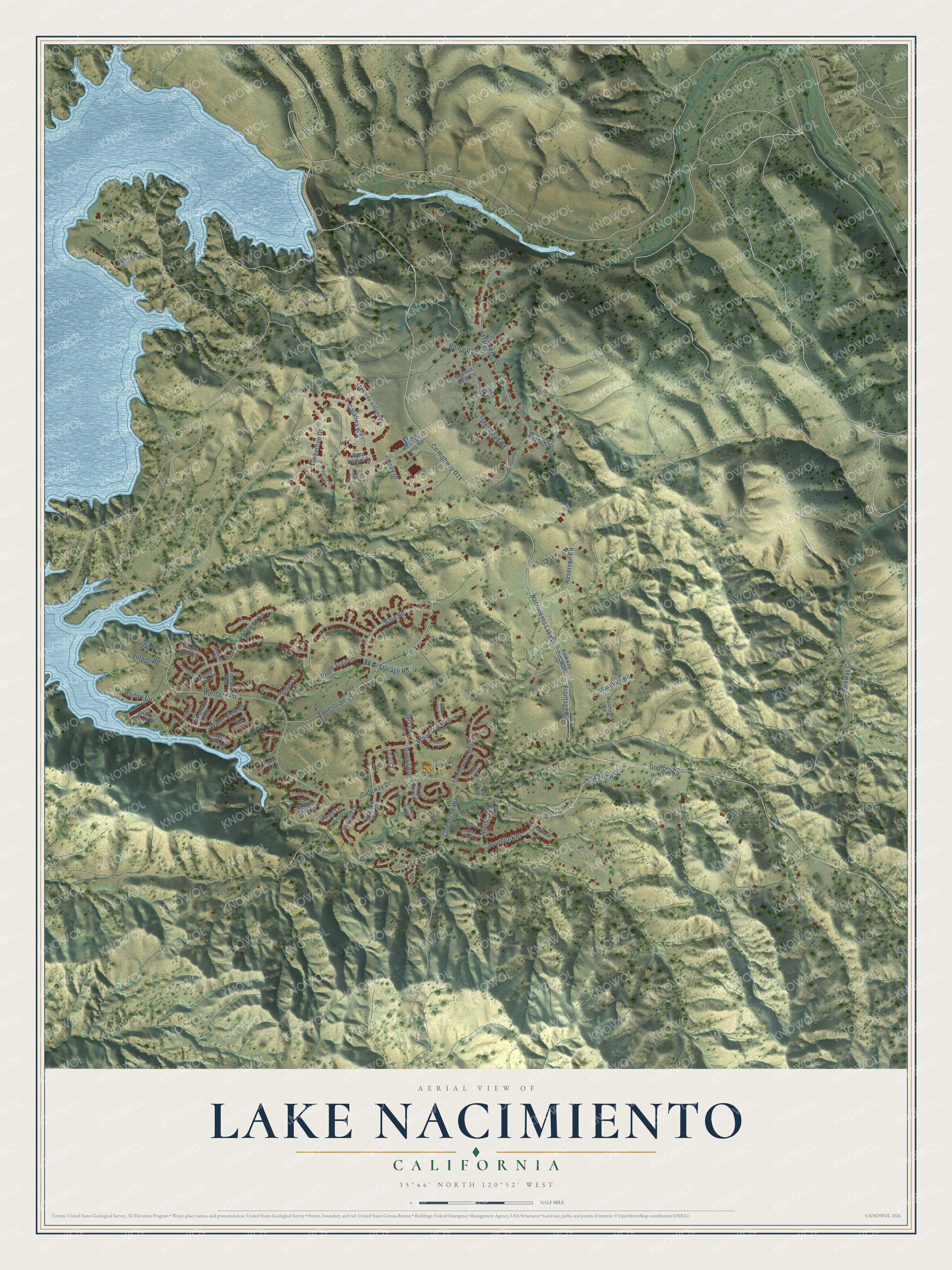 Full map of Lake Nacimiento, California, with red buildings, printed street names and the land around them