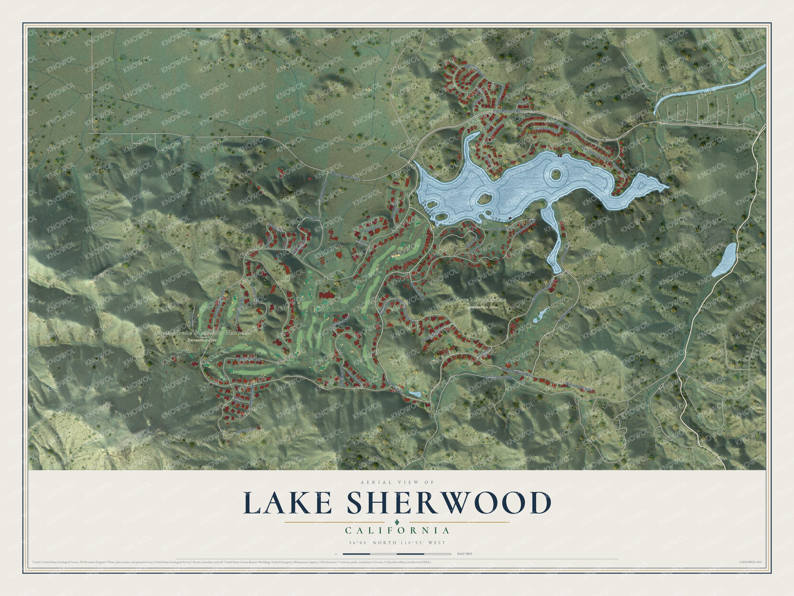 Full map of Lake Sherwood, California, with red buildings, printed street names and the land around them