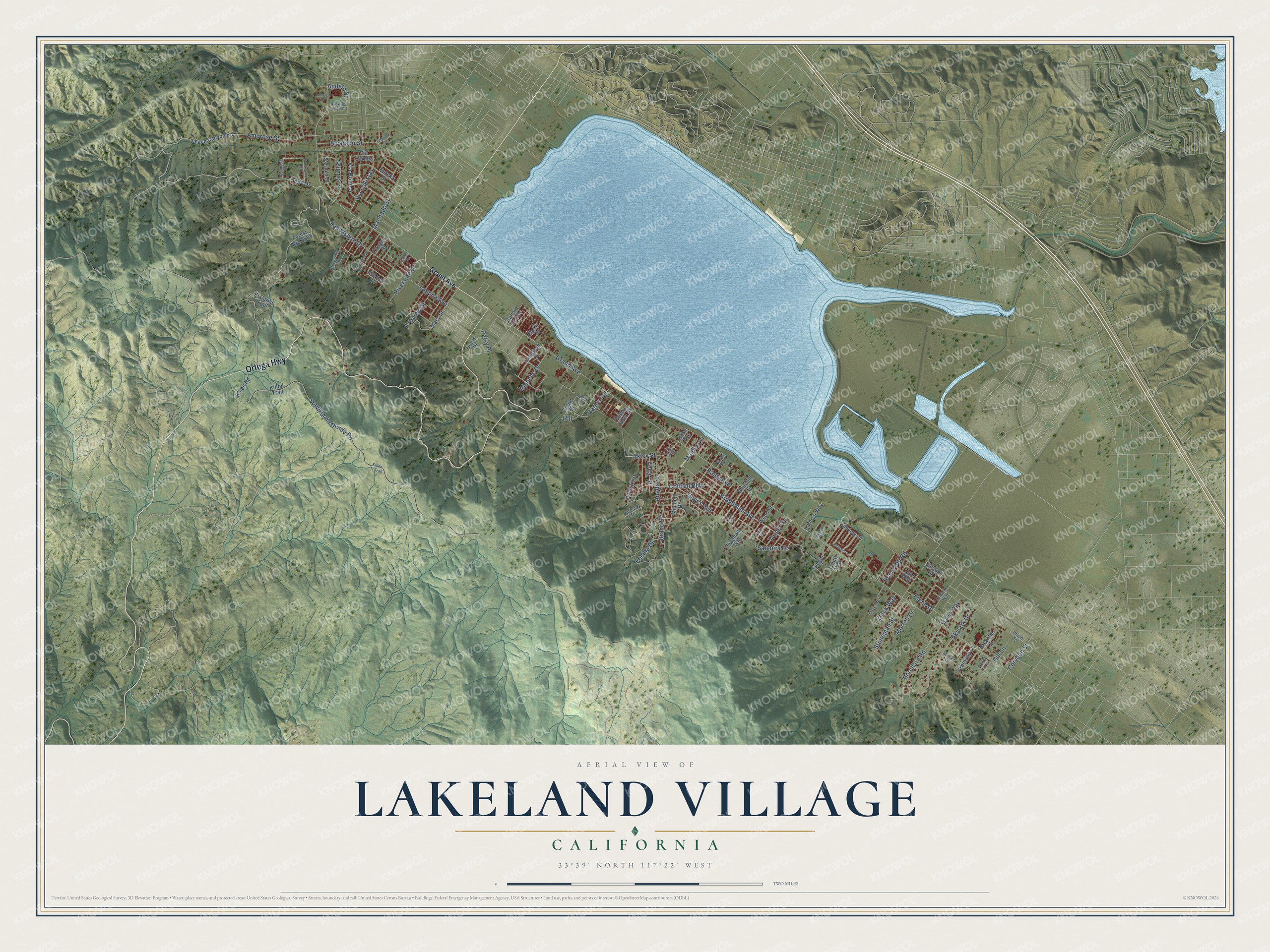 Full map of Lakeland Village, California, with red buildings, printed street names and the land around them