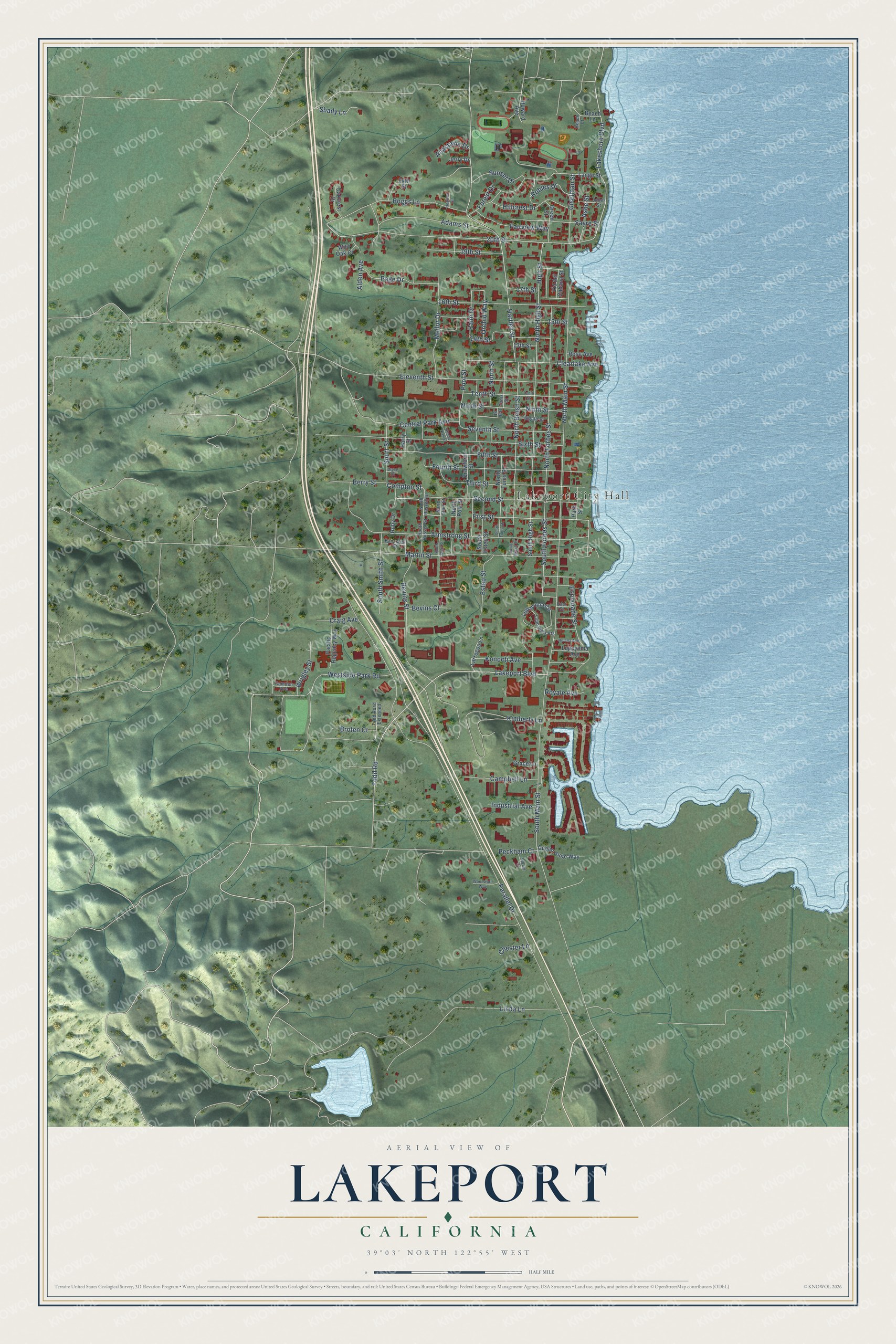 Full map of Lakeport, California, with red buildings, printed street names and the land around them