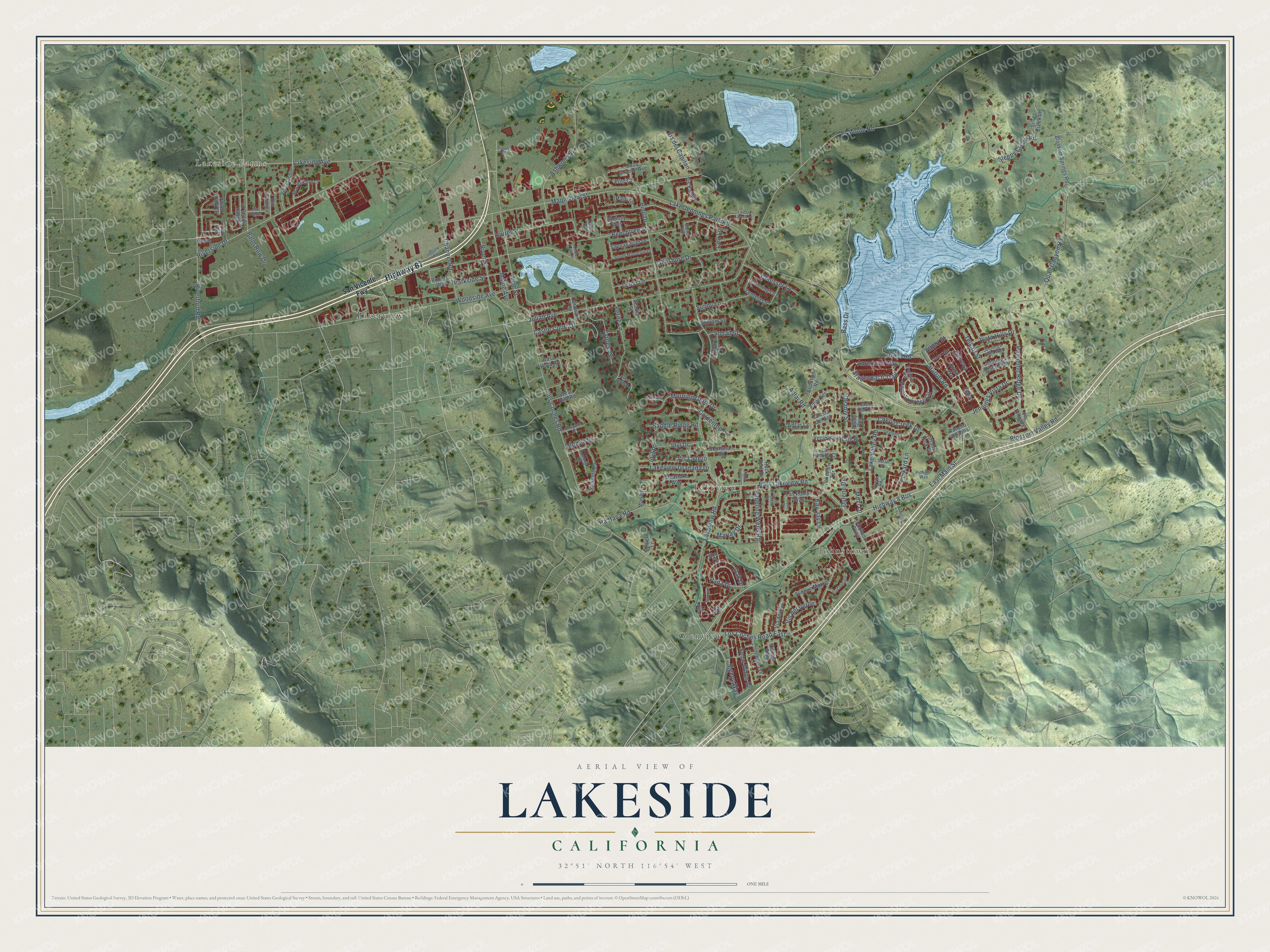 Full map of Lakeside, California, with red buildings, printed street names and the land around them