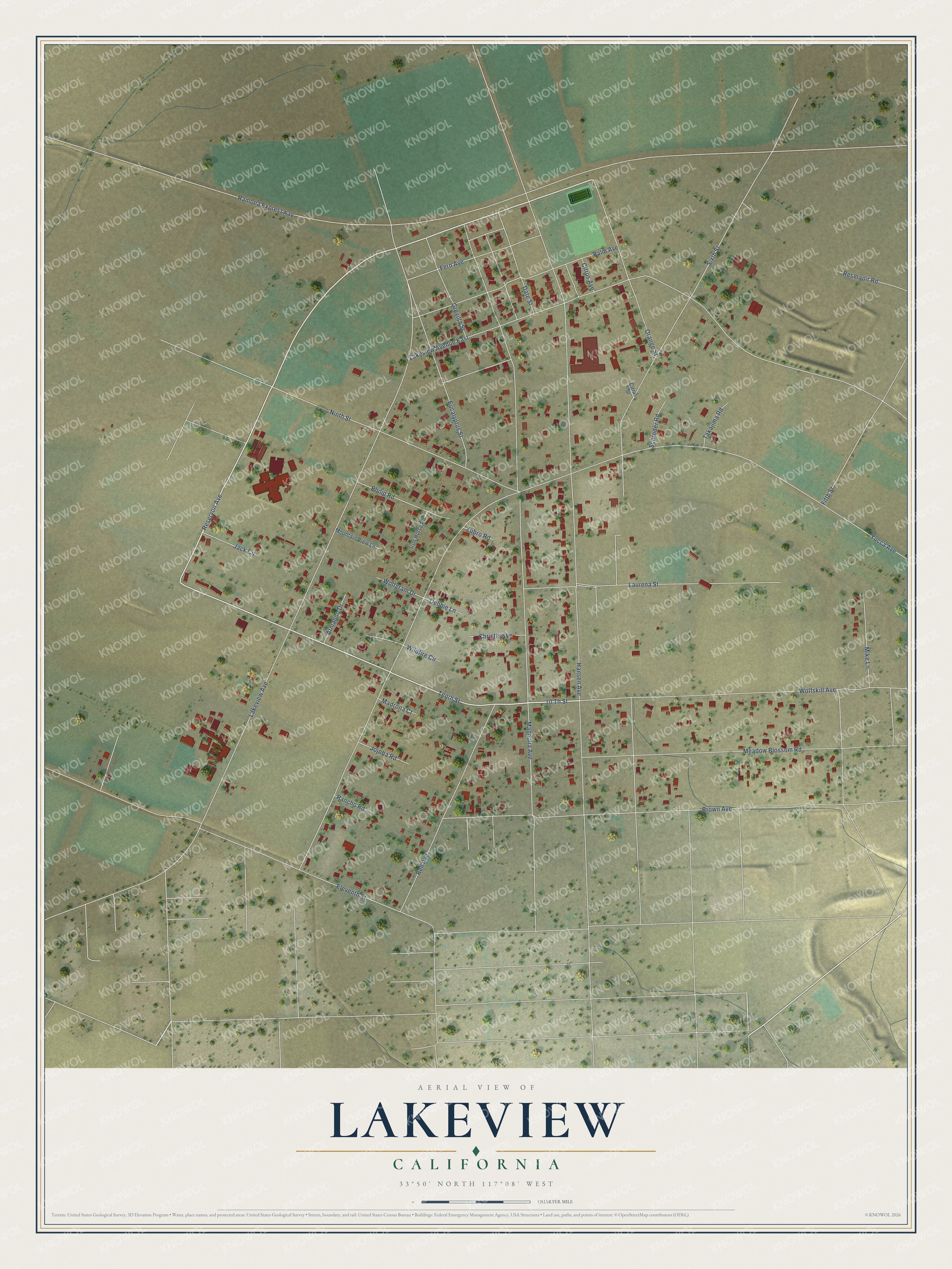 Full map of Lakeview, California, with red buildings, printed street names and the land around them