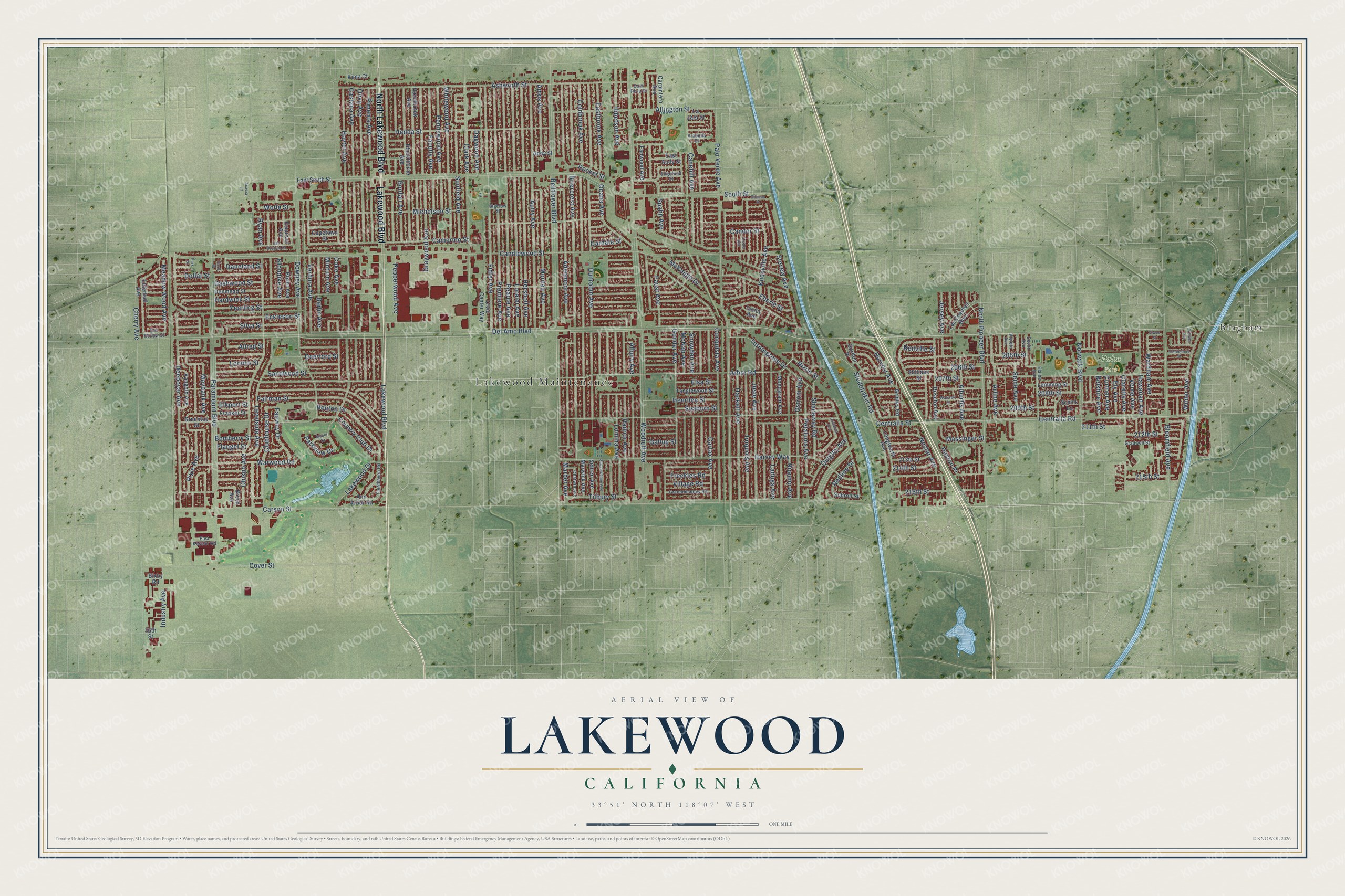 Full map of Lakewood, California, with red buildings, printed street names and the land around them