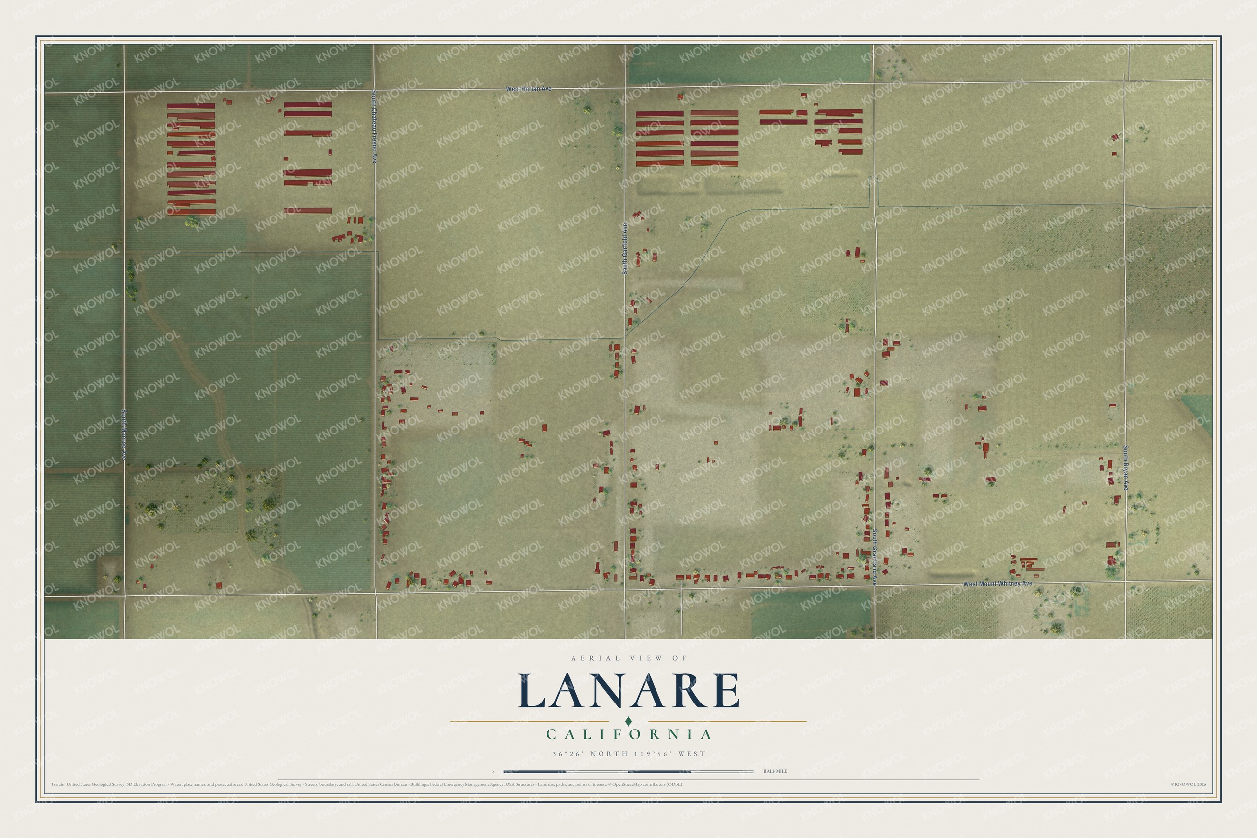 Full map of Lanare, California, with red buildings, printed street names and the land around them