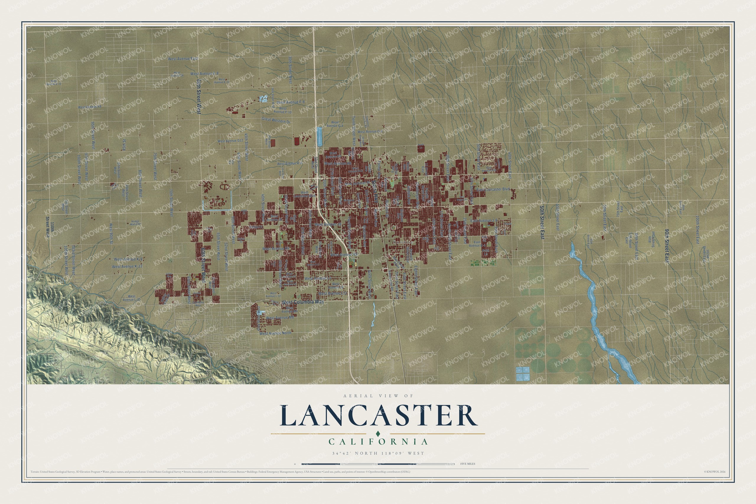 Full map of Lancaster, California, with red buildings, printed street names and the land around them