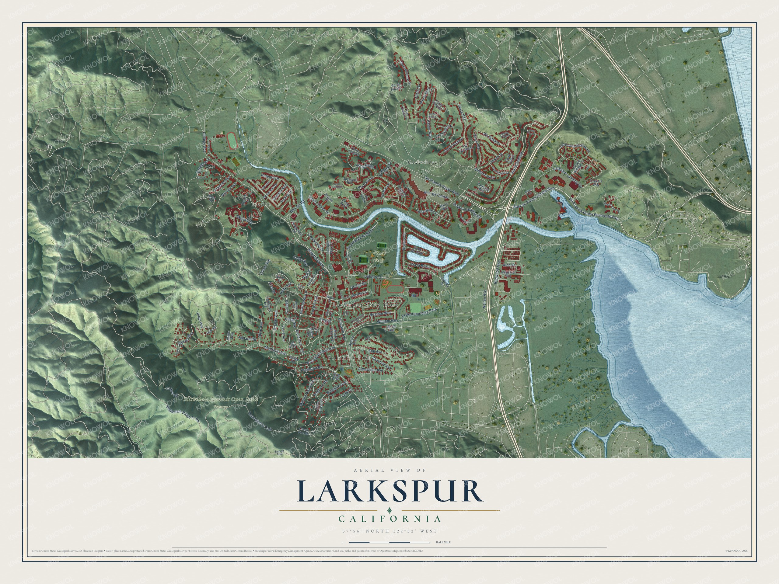 Full map of Larkspur, California, with red buildings, printed street names and the land around them