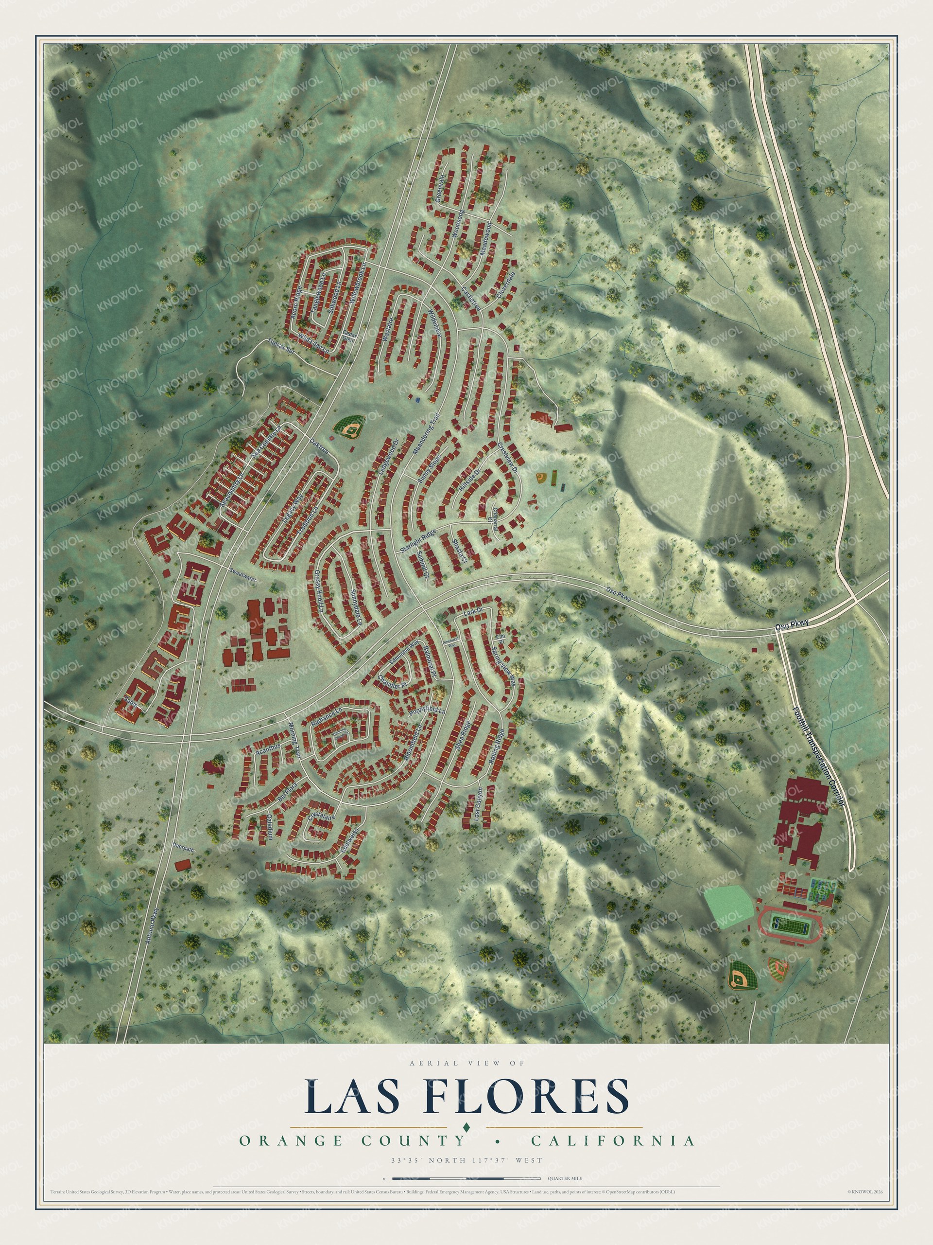 Full map of Las Flores, California, with red buildings, printed street names and the land around them