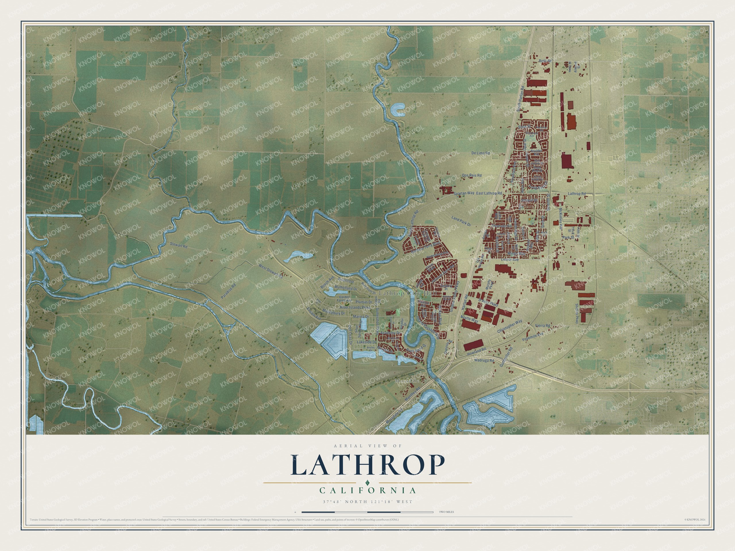 Full map of Lathrop, California, with red buildings, printed street names and the land around them