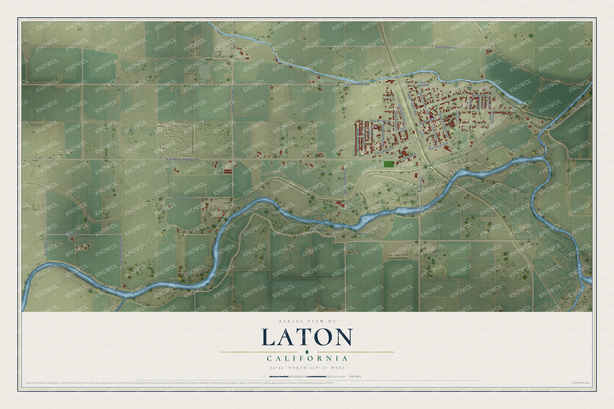 Full map of Laton, California, with red buildings, printed street names and the land around them