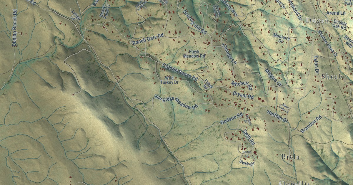 Close-up of streets and buildings in Latrobe, California