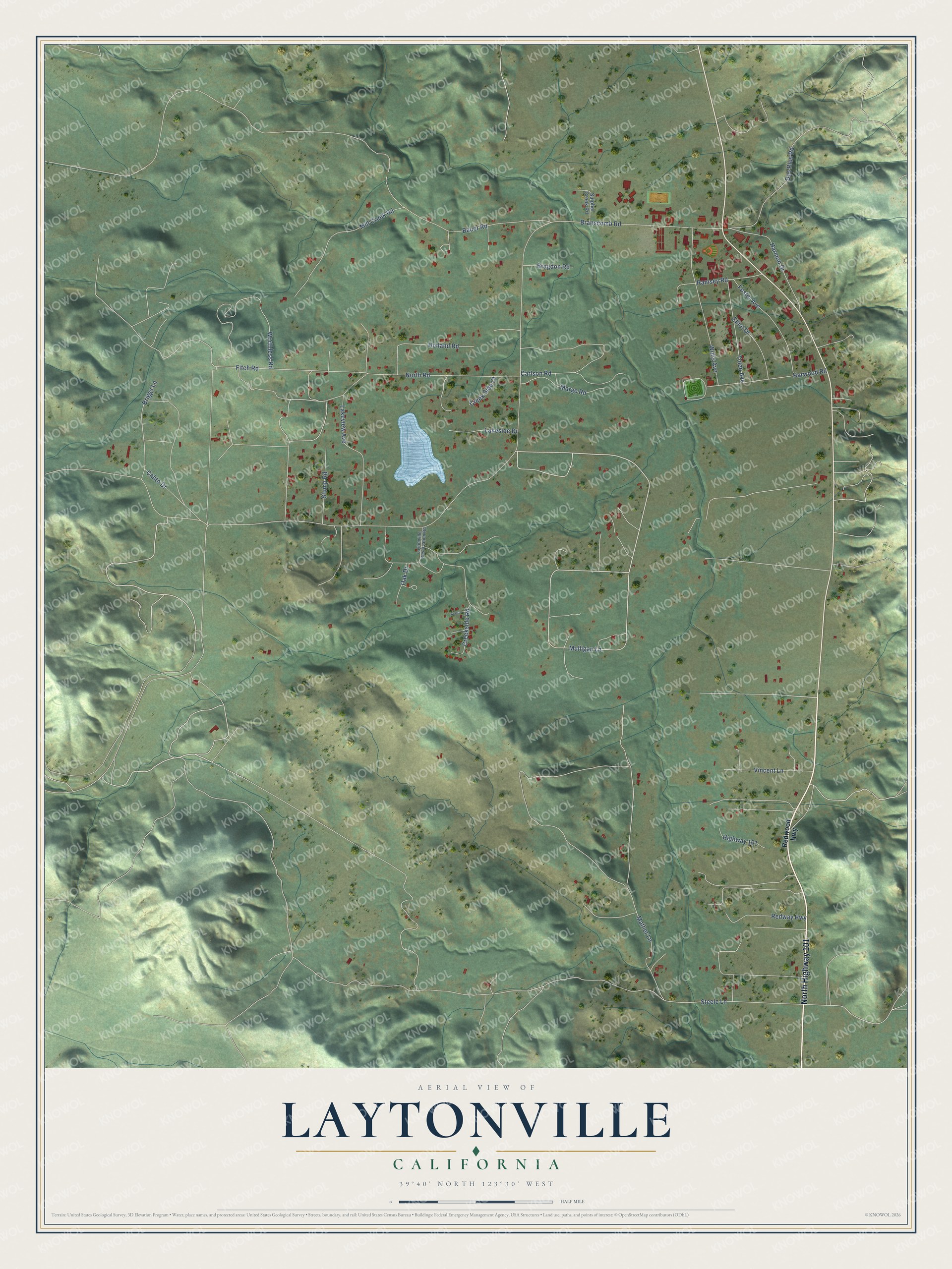 Full map of Laytonville, California, with red buildings, printed street names and the land around them