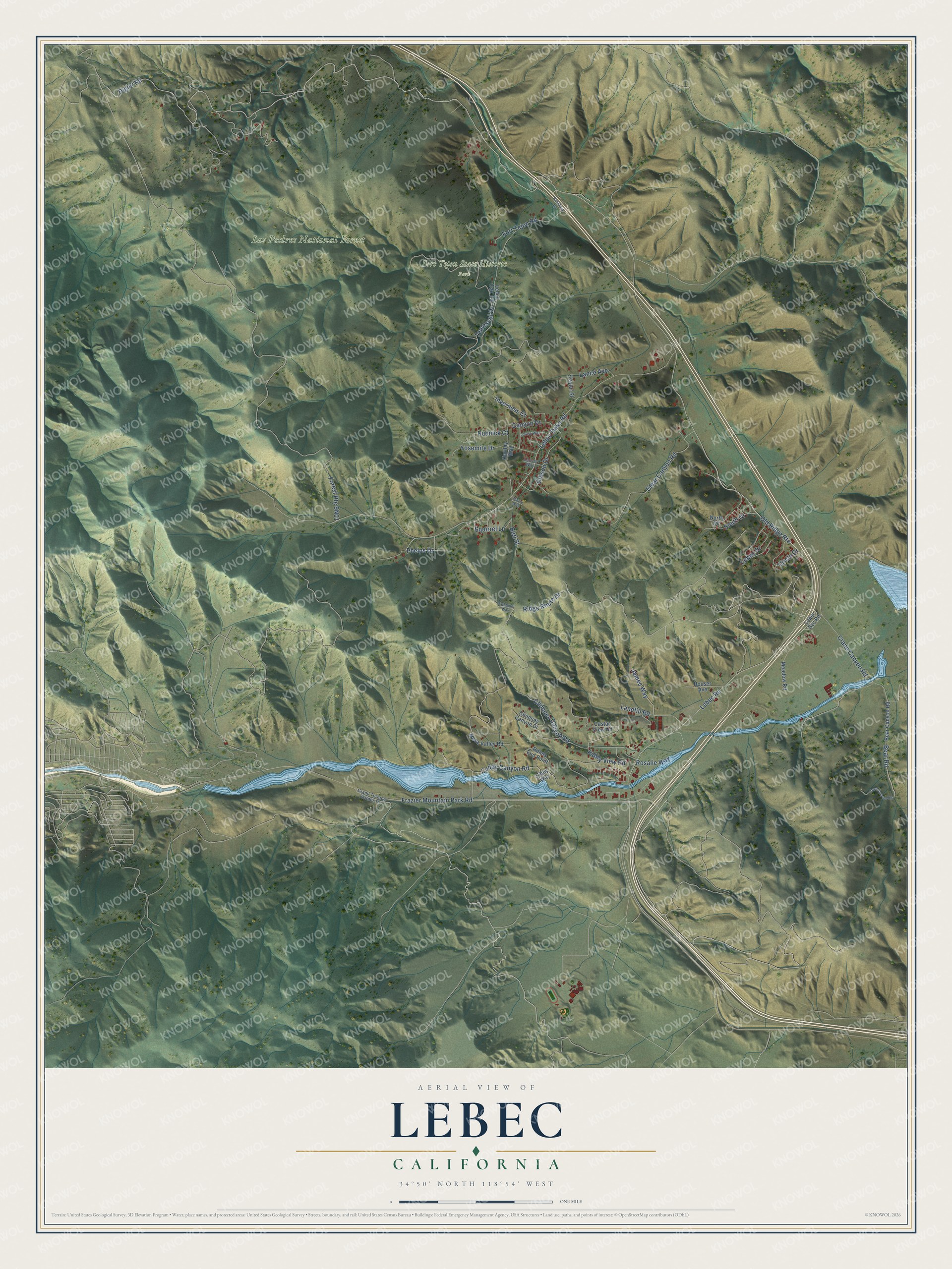 Full map of Lebec, California, with red buildings, printed street names and the land around them